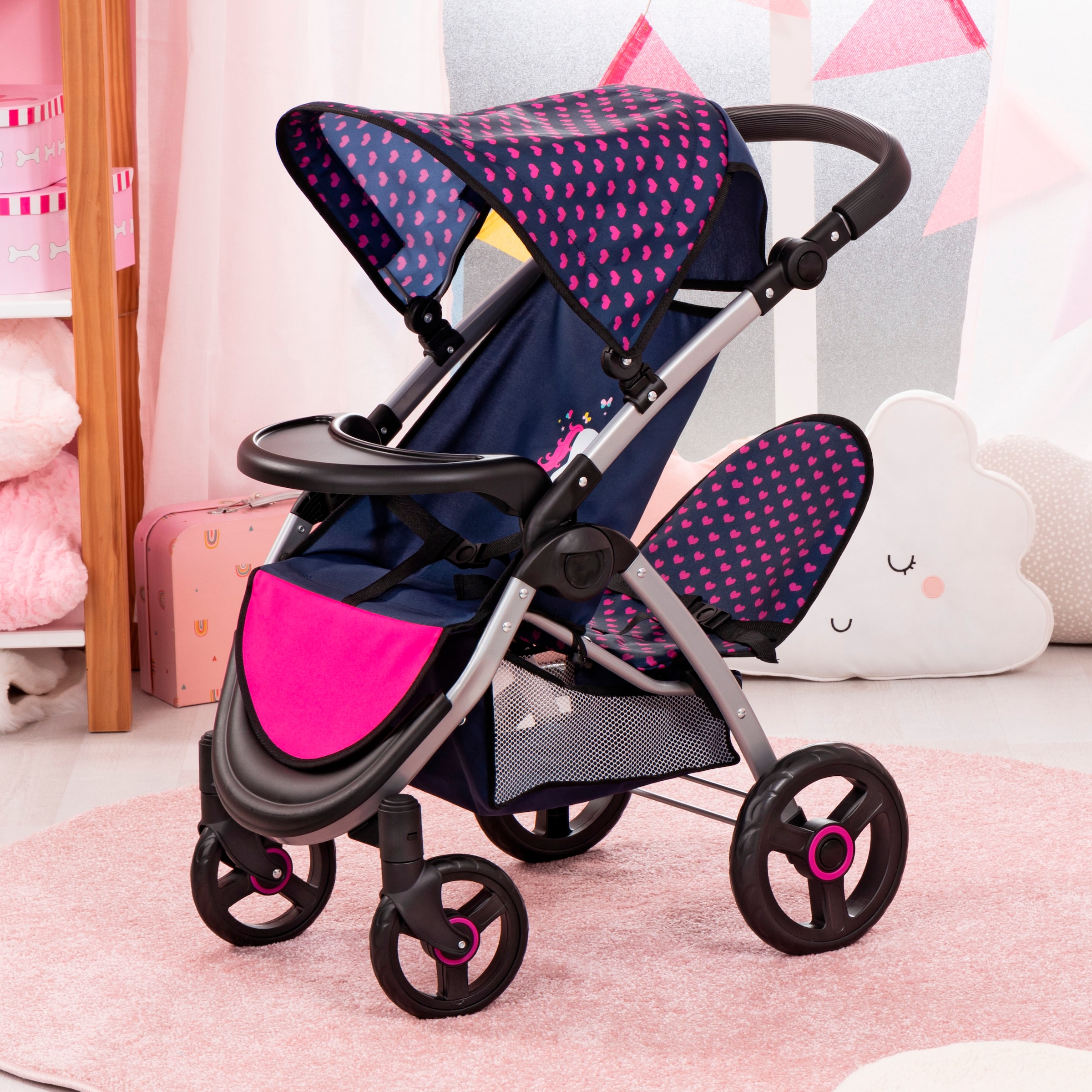 Bayer Puppen-Zwillingsbuggy »Twin Star, blau/pink« mit Wickeltasche