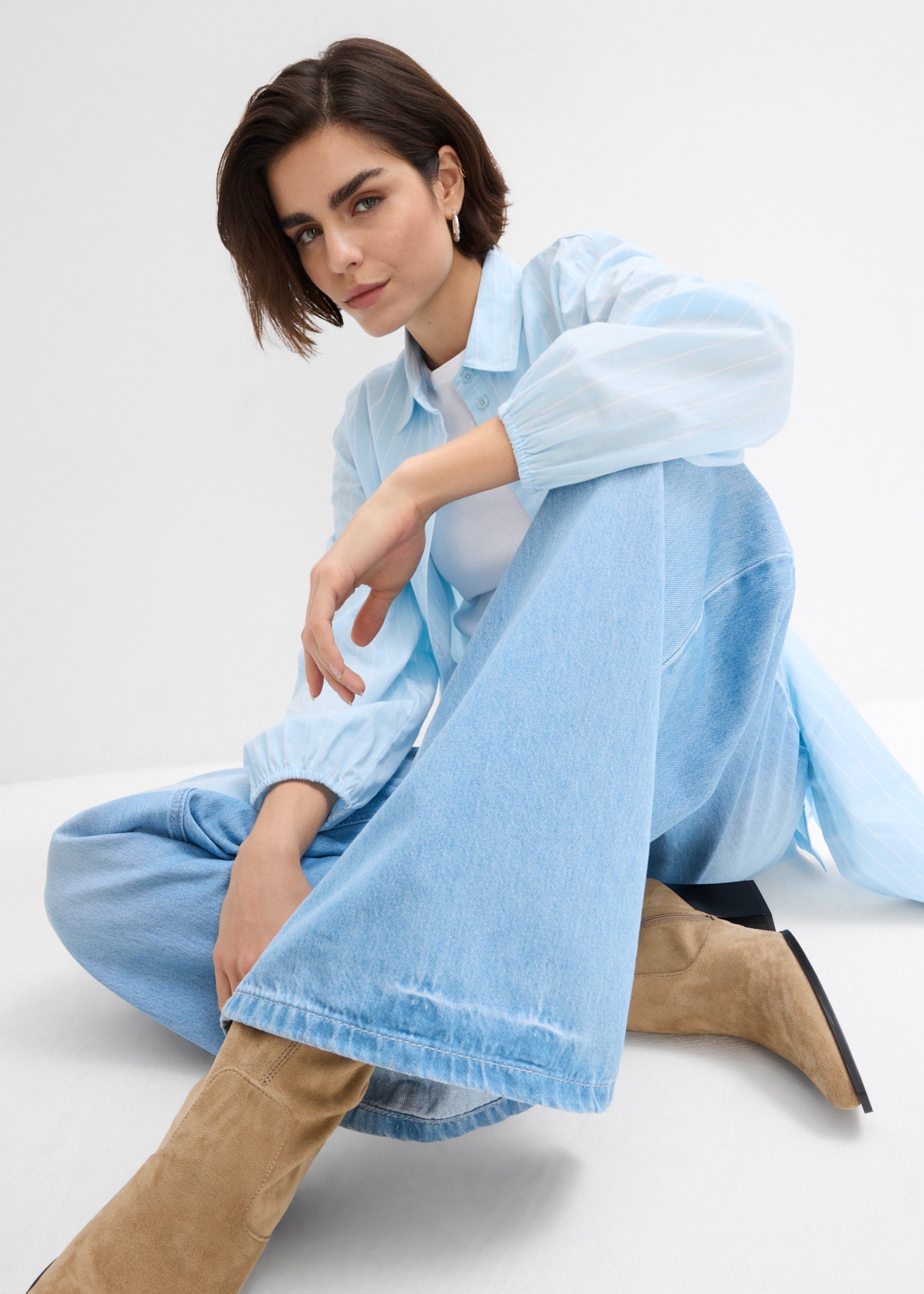 bonprix Jeans large coupe large, design 5 poches, ceinture élastique confortable, taille haute