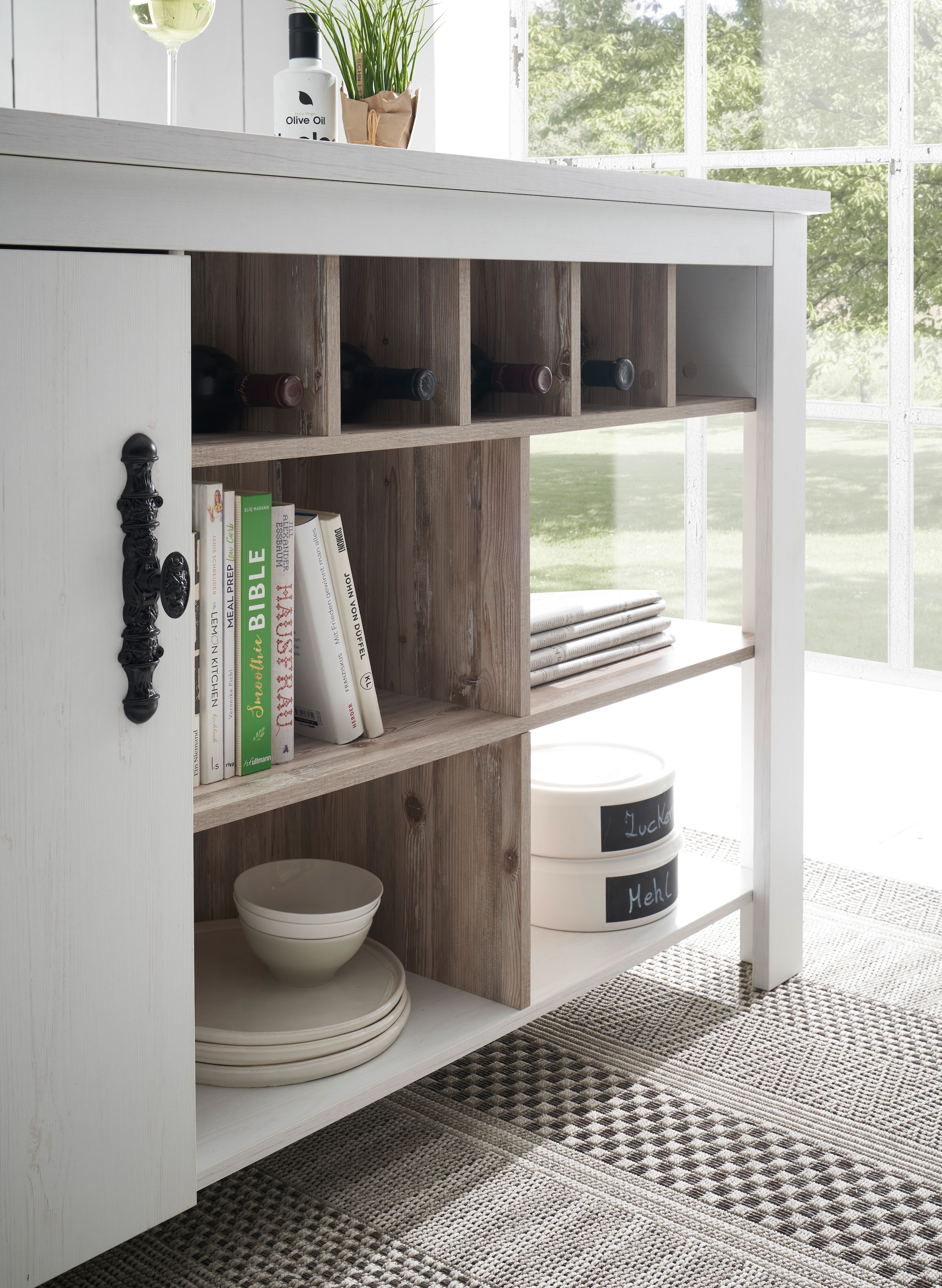 Home affaire Kücheninsel »Florenz, Küchenblock in Pinie Weiss, Kochinsel, Küchenarbeitsblock« Breite 161 cm, mit verschnörkeltem Metallgriff, Arbeitshöhe 92 cm