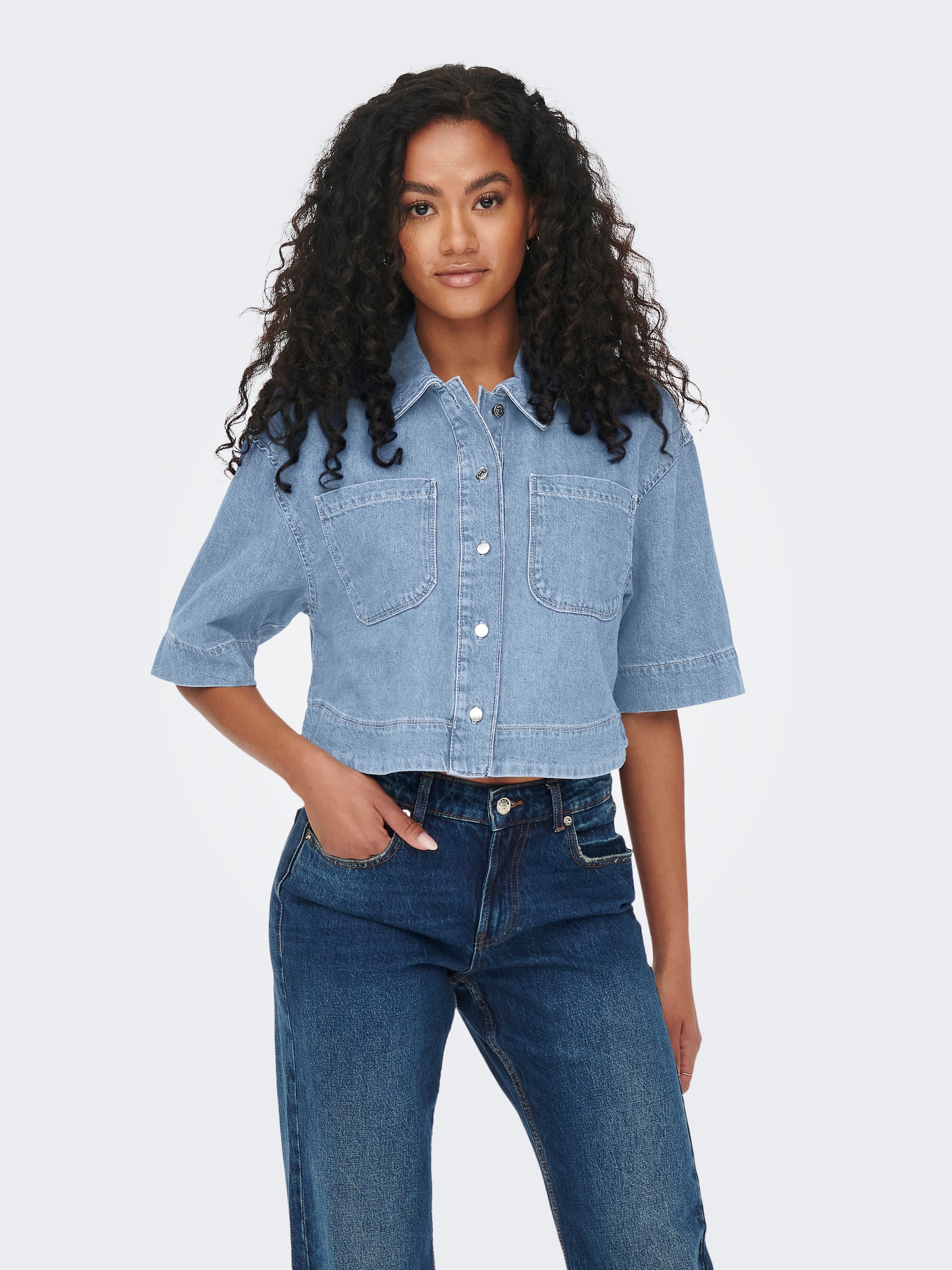 Image of ONLY Jeansbluse "ONLCLEO LIFE SS CROP DNM SHIRT PIM NOOS" Baumwolle