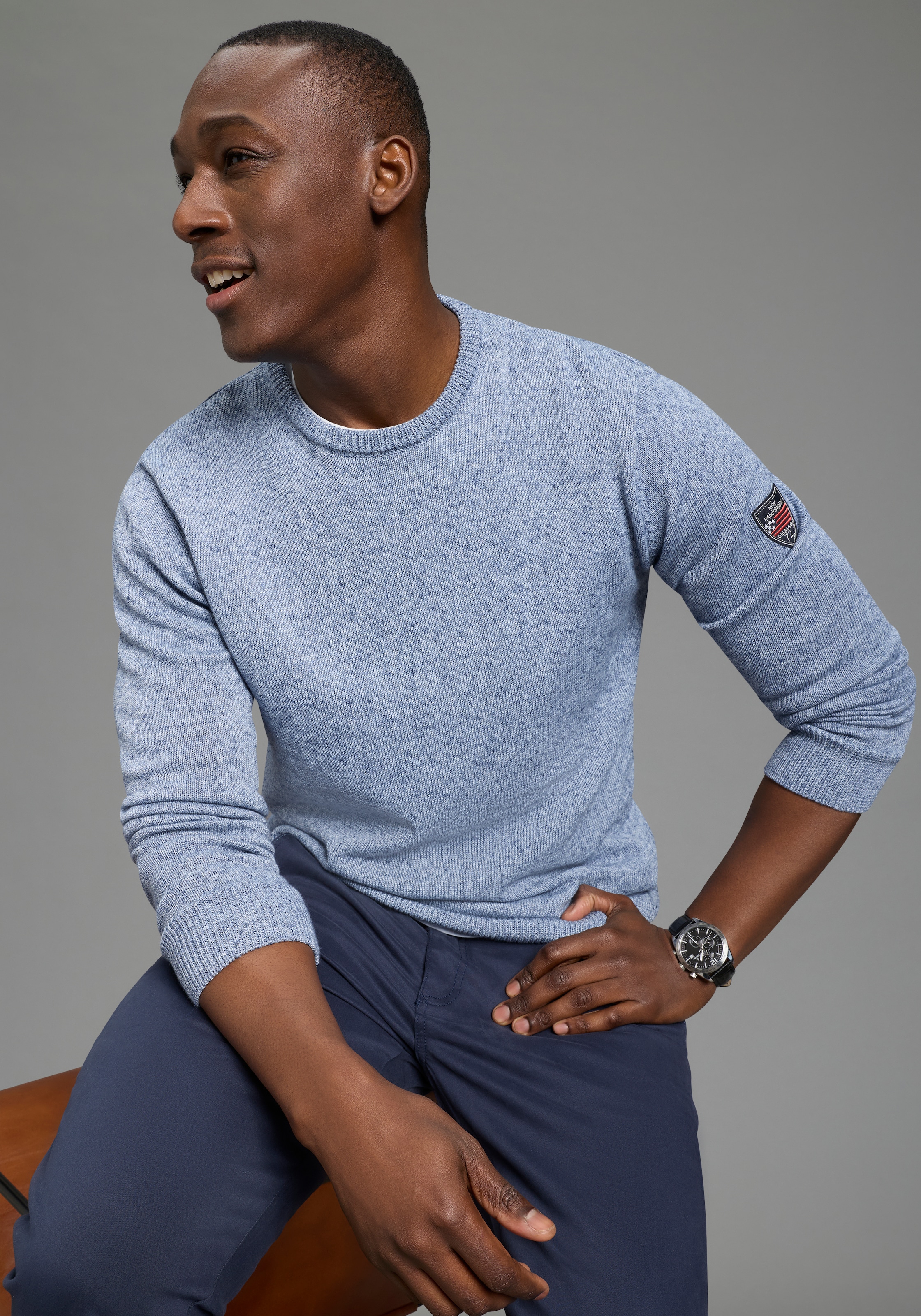 DELMAO Pull à col rond »Neue Kollektion! Sommerlicher Leinenanteil« Rundhalsausschnitt, regular fit, Langarm, melierte Optik