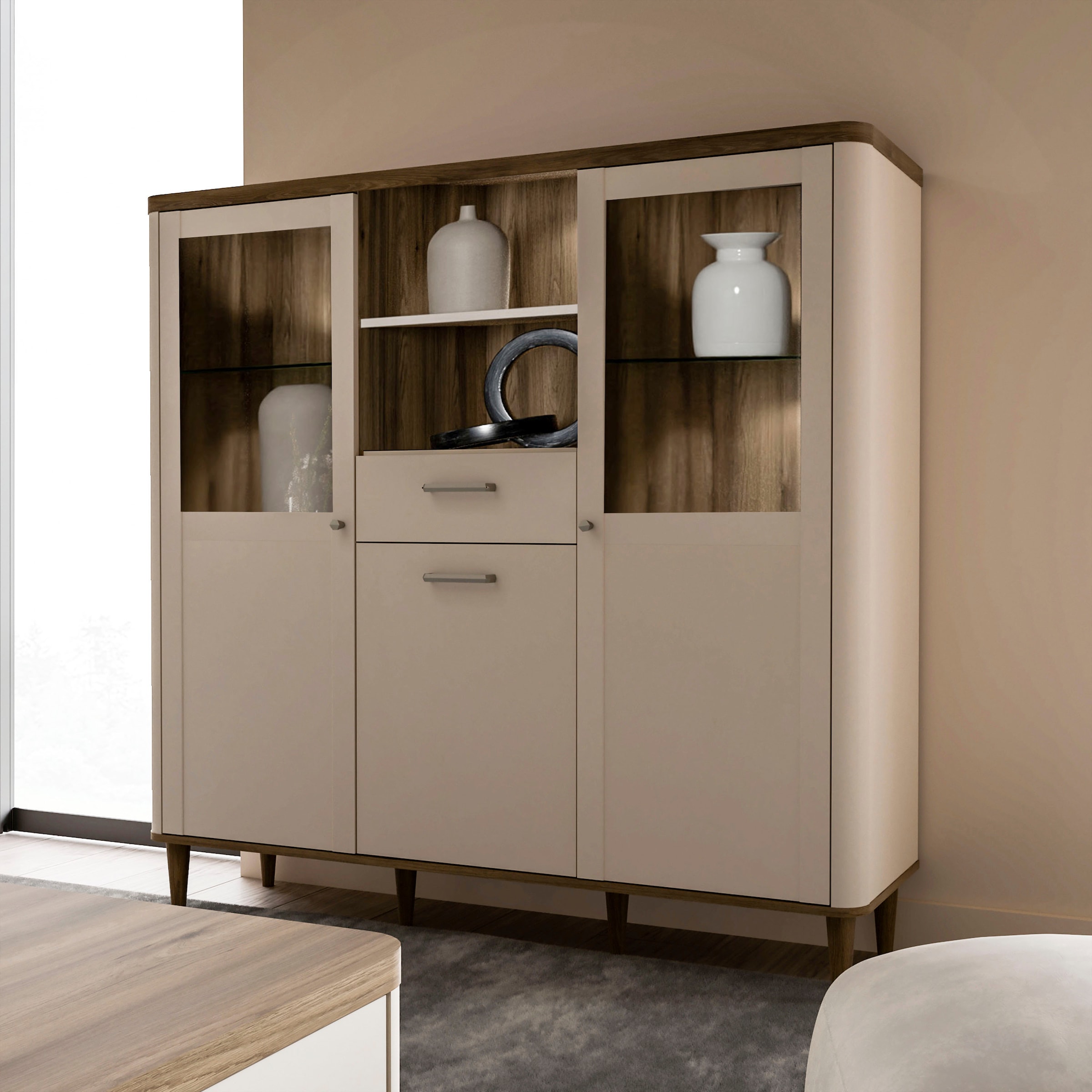 FORTE Vitrine »Lacetti« B/H/T 144,8/142,9/41,2 cm, Echtholzfüsse