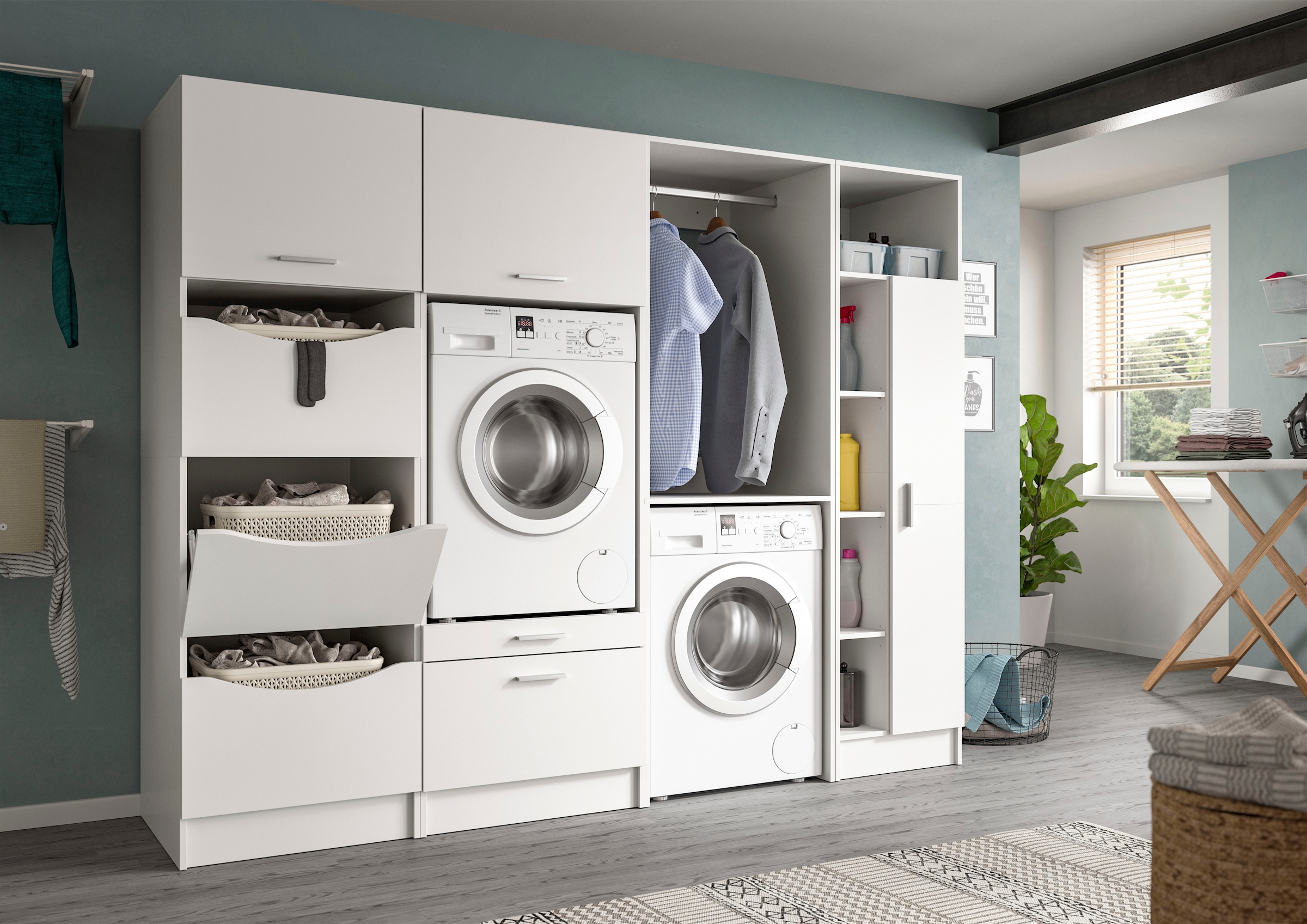 welltime Mehrzweckschrank »FALAS, TOPSELLER!, Höhe 195cm, 1 Tür, 1 Kleiderstange, 5 offene Fächer« in verschiedenen Farben erhältlich, 1 Stk. tlg. Universalschrank, Wäscheschrank, Badezimmer, Hauswirtschaftsschrank