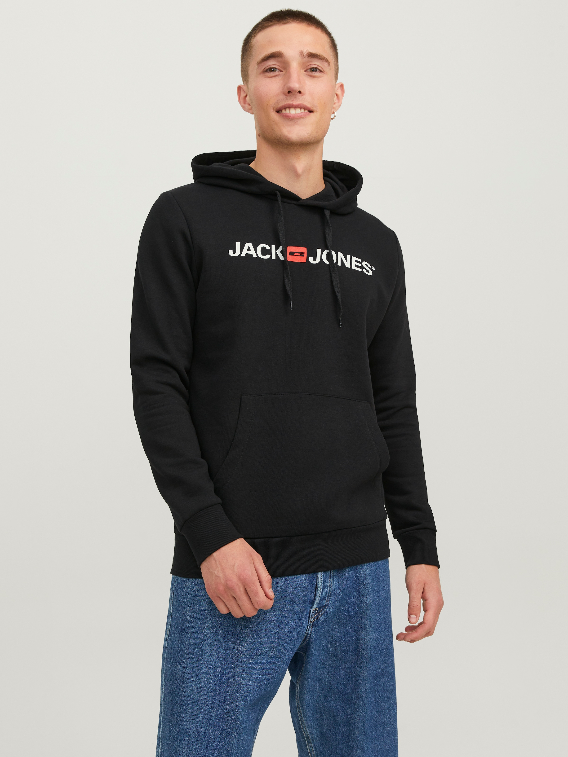 Image of Jack & Jones Kapuzensweatshirt "JJECORP Hoodie mit Logo und hohem Tragekomfort", bedruckt, casual, regular fit, Baumwollmischung, Rundhals