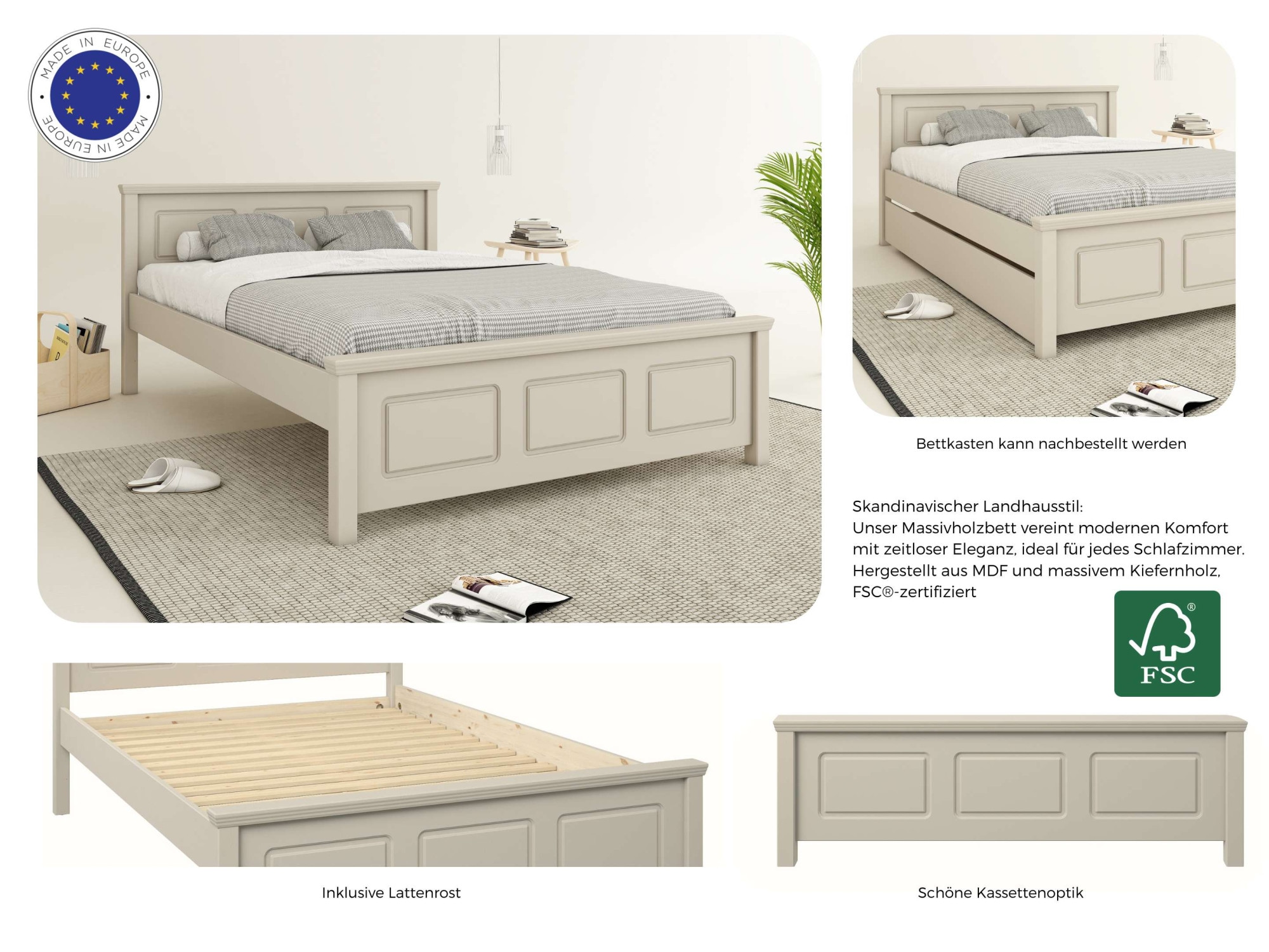 GOODproduct Lit en bois massif »ERIK' , Made in Europe, optional mit Schublade, Massivholz Kiefer« FSC® zertifiziert,  in mehreren Grössen, Landhausstil mit Kassettenoptik