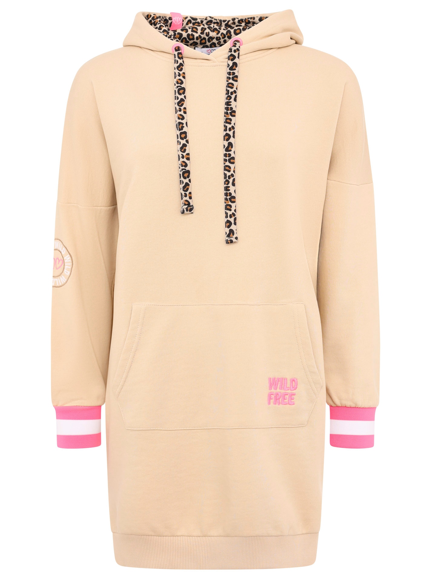 Zwillingsherz Sweatkleid »"Wild Free"«, mit Kapuze, Tasche, Leo-Detail und grosser Stickerei hinten