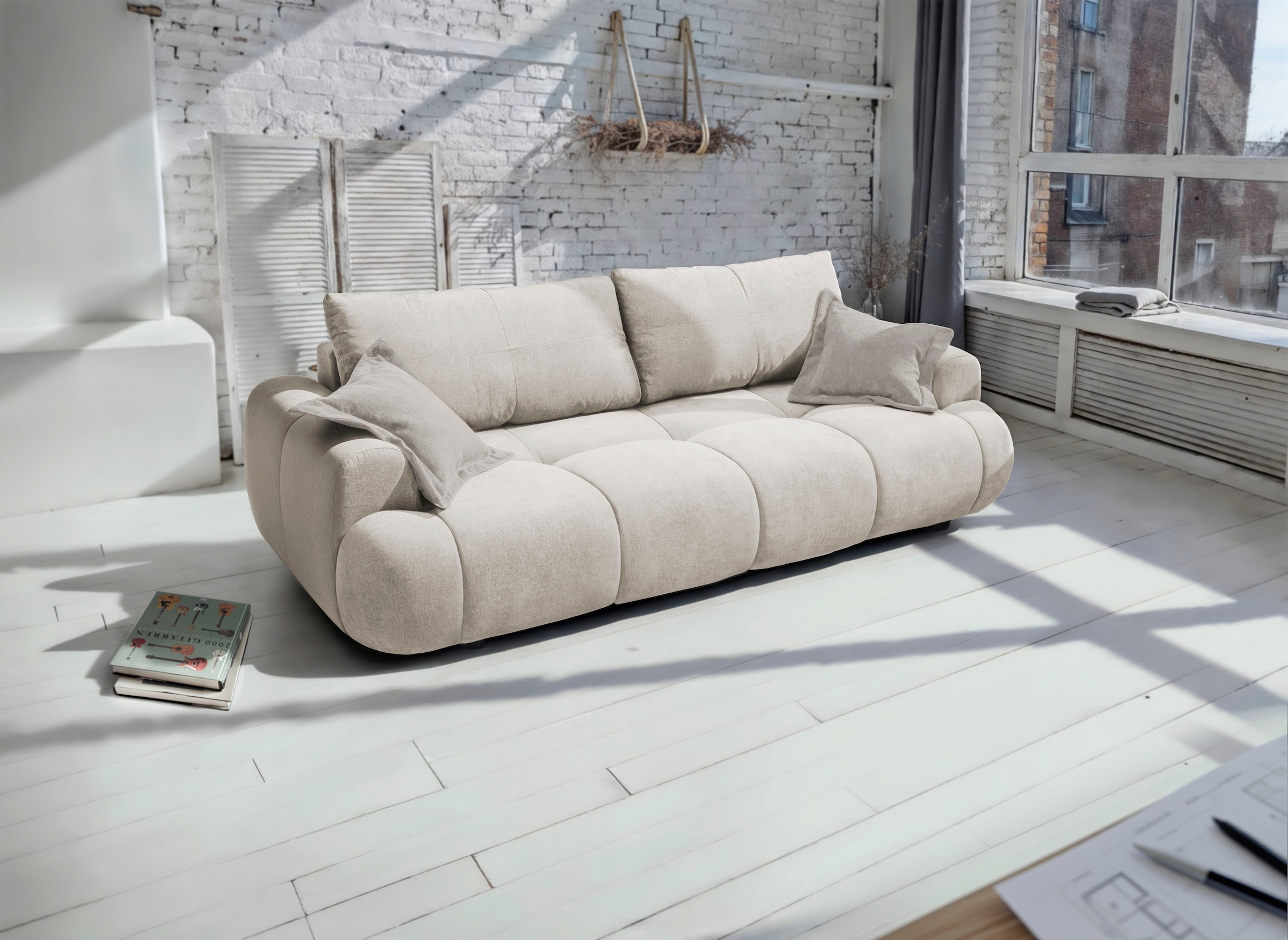exxpo - sofa fashion 3-places »Alessano, 254 cm breit, modern & gemütlich« Qualité fiable, incl. fonction lit, coffre-lit, 2 coussins plaid