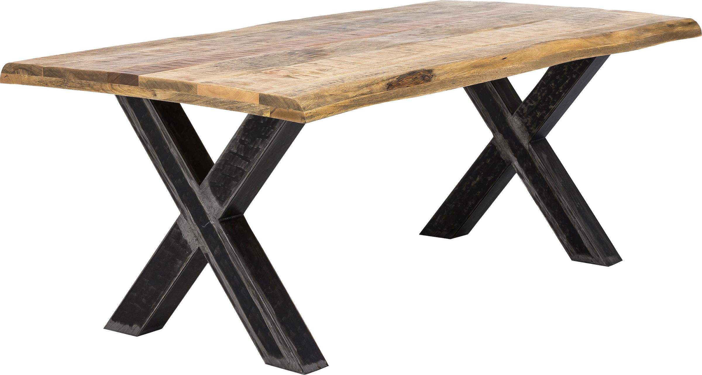 SIT Table de salle à manger »Quito Mango Massivholz mit Baumkante & X-Gestell im Used-Look« Chant en manguier massif avec structure en X marquée