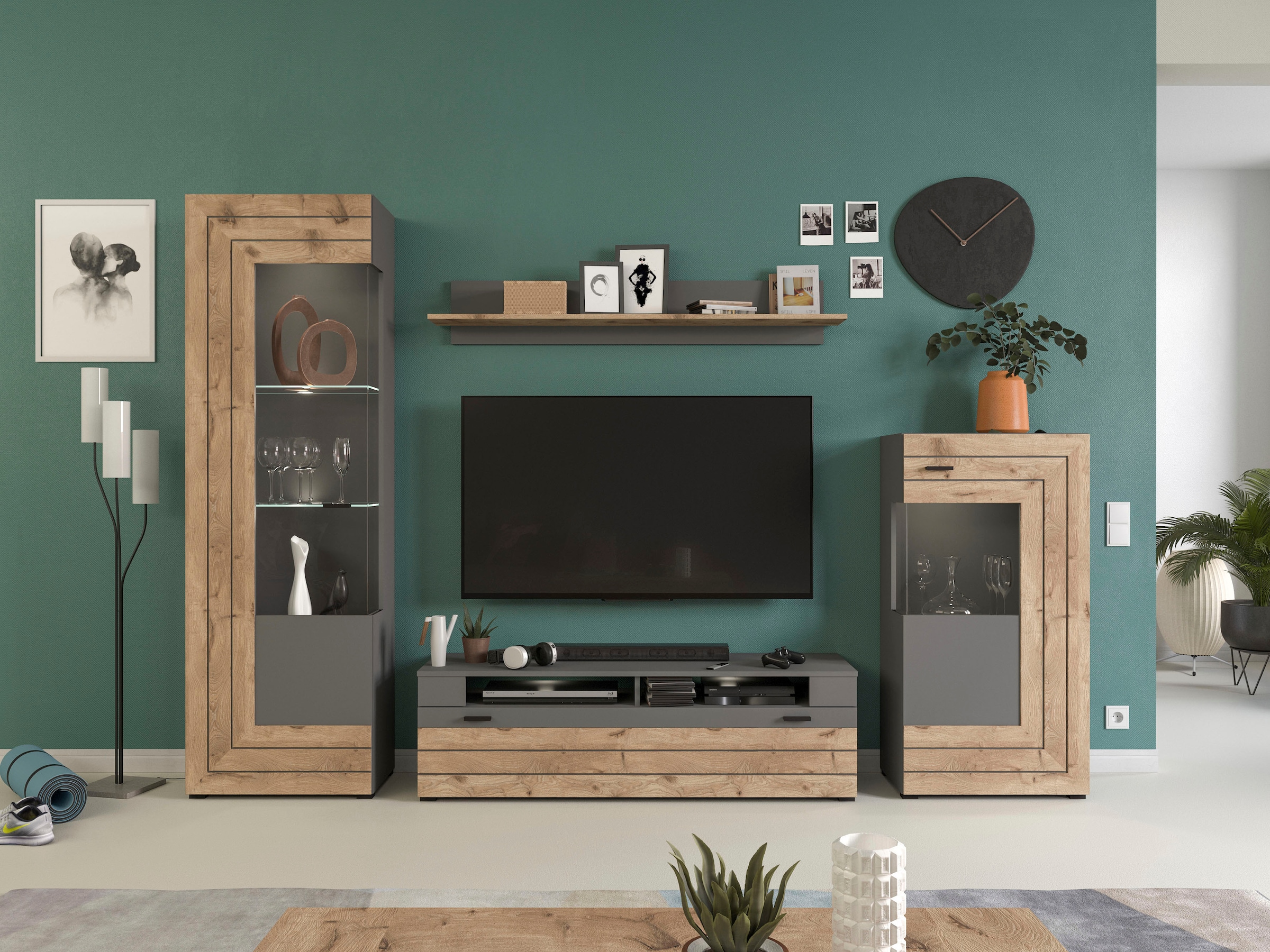 INOSIGN Wohnwand »Aalborg, Breite 290cm, 2-farbig,Metallgriffe, 4-teilig, bestehend aus:«, (4 St.), 1x Vitrine, 1x Lowboard, 1x Wandboard und 1x Stauraumschrank