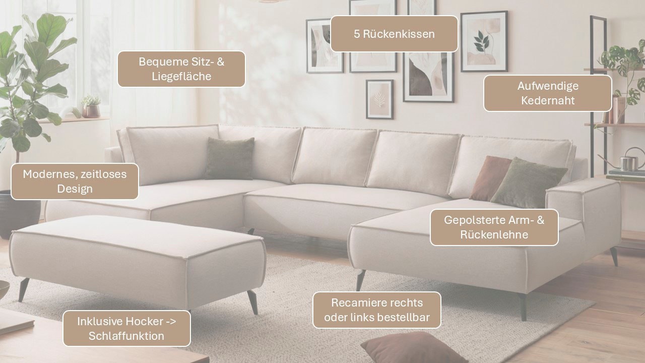 Home affaire Wohnlandschaft »mit Hocker, TVINNU, moderne U-Form in Cord oder Leinenoptik« Recamiere rechts/links, stellbar zum Schlafsofa (Krokodilverbinder)