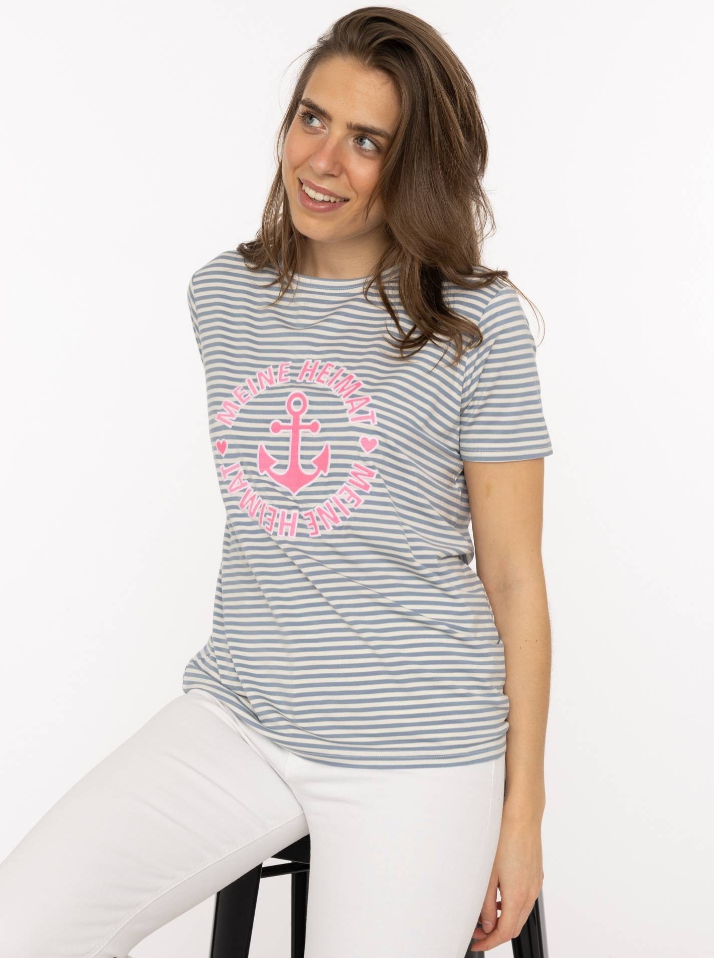 Image of Zwillingsherz T-Shirt ""Heimat Anker"" gestreift, rundes Motiv mit Anker, Rundhals