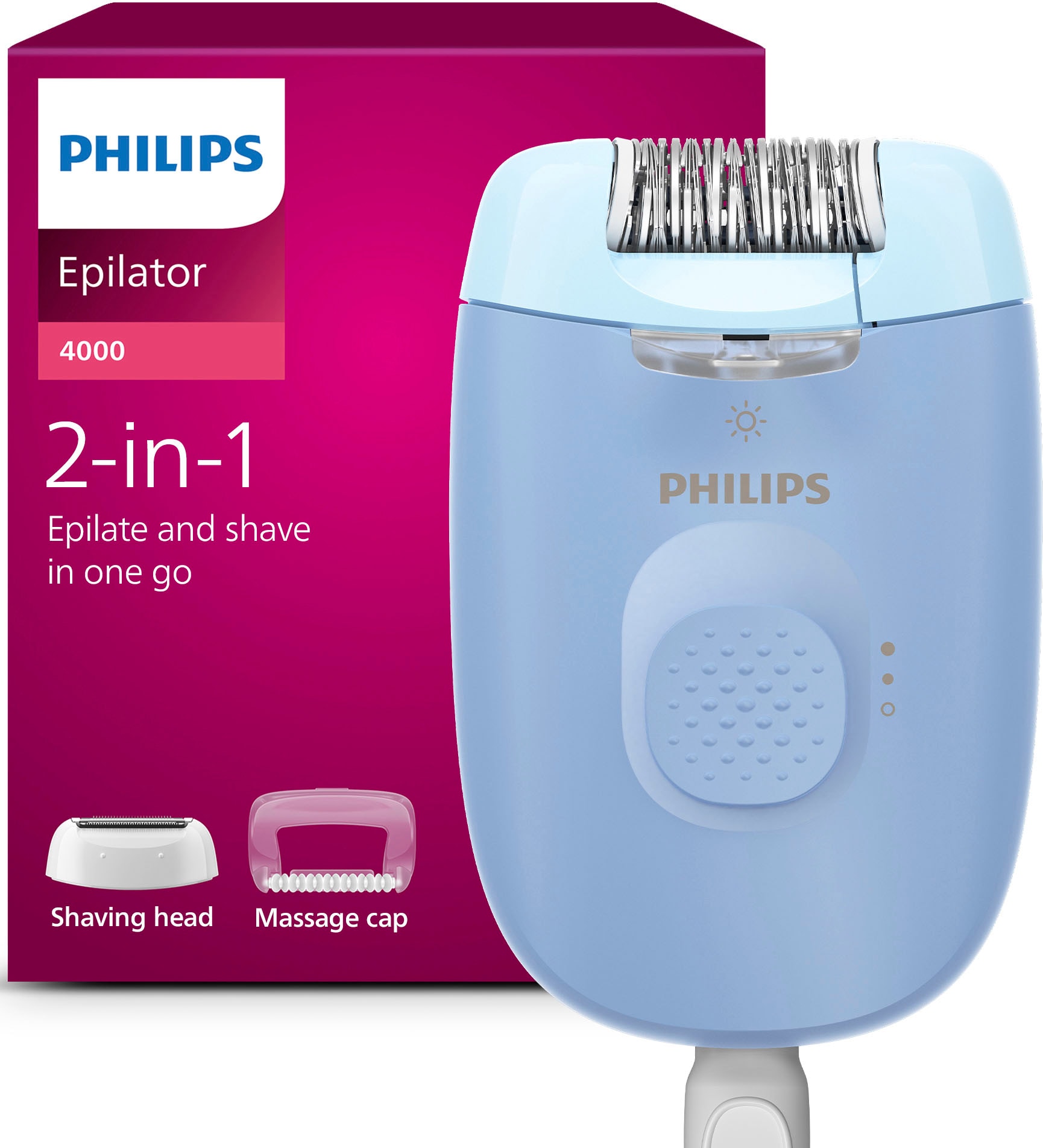 Image of Philips Epilierer "Series 4000" 2 Stk. Aufsätze kompakter Epilierer mit Kabel und LED-Licht, inkl. Massageaufsatz