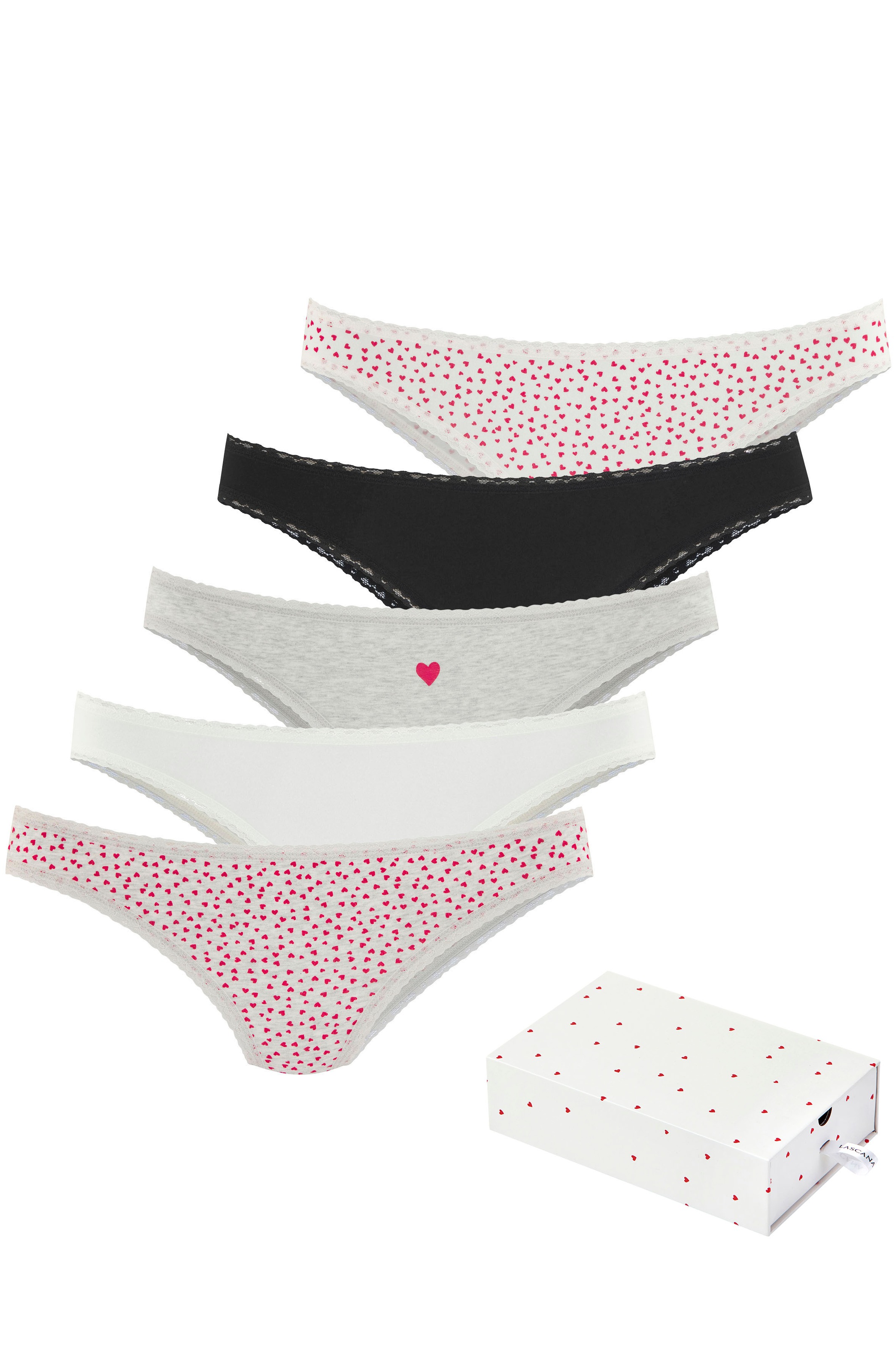 Image of LASCANA Brasilslip "Geschenk Box" 5er-Pack, mit süssen Herzchen-Prints und aus elastischer Baumwoll-Qualität