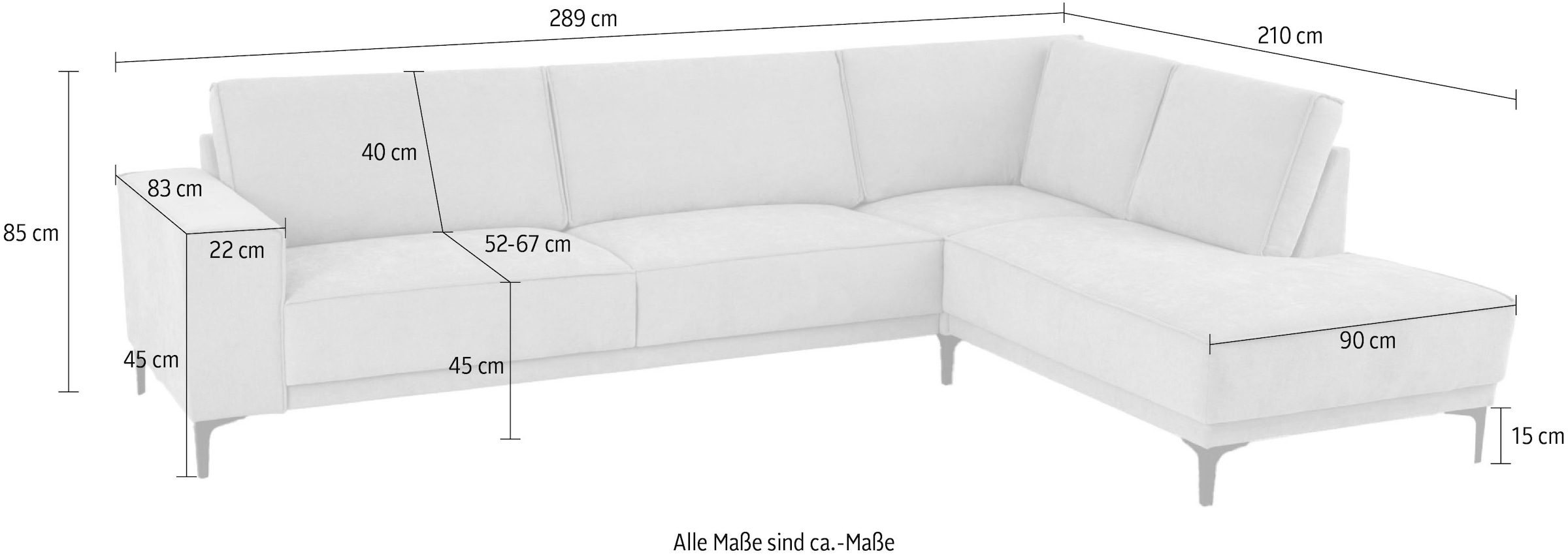Places of Style Ecksofa »Polsterecke Oland, Struktur, Flachgewebe, Luxus-Microfaser, Boucle«, L-Form, 289 cm, Wellenunterfederung, Skandi-Design, Metallfüsse
