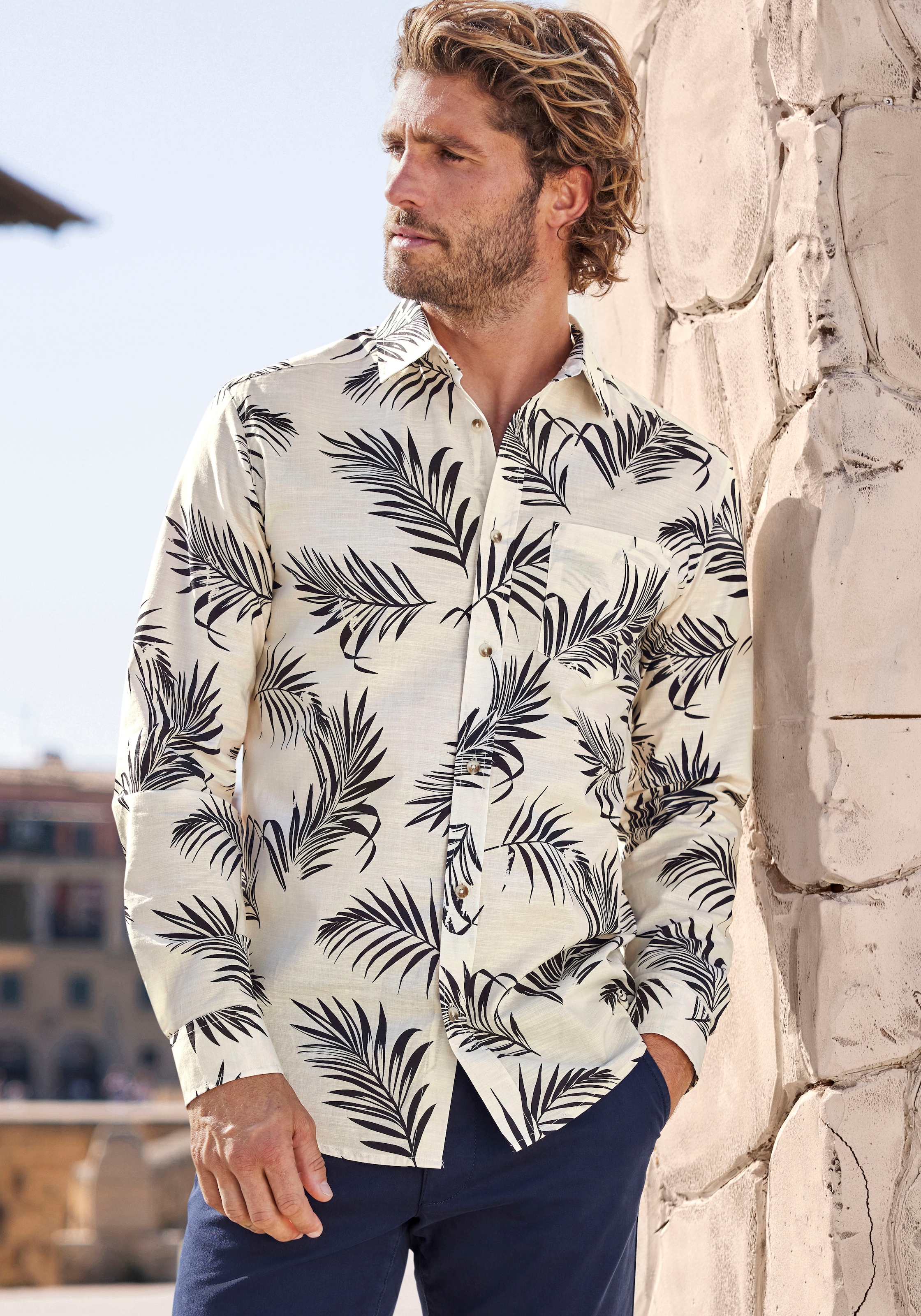 John Devin Hawaiihemd »Regular Fit,«, Langarm, Freizeithemd mit Palmenprint aus reiner Baumwolle