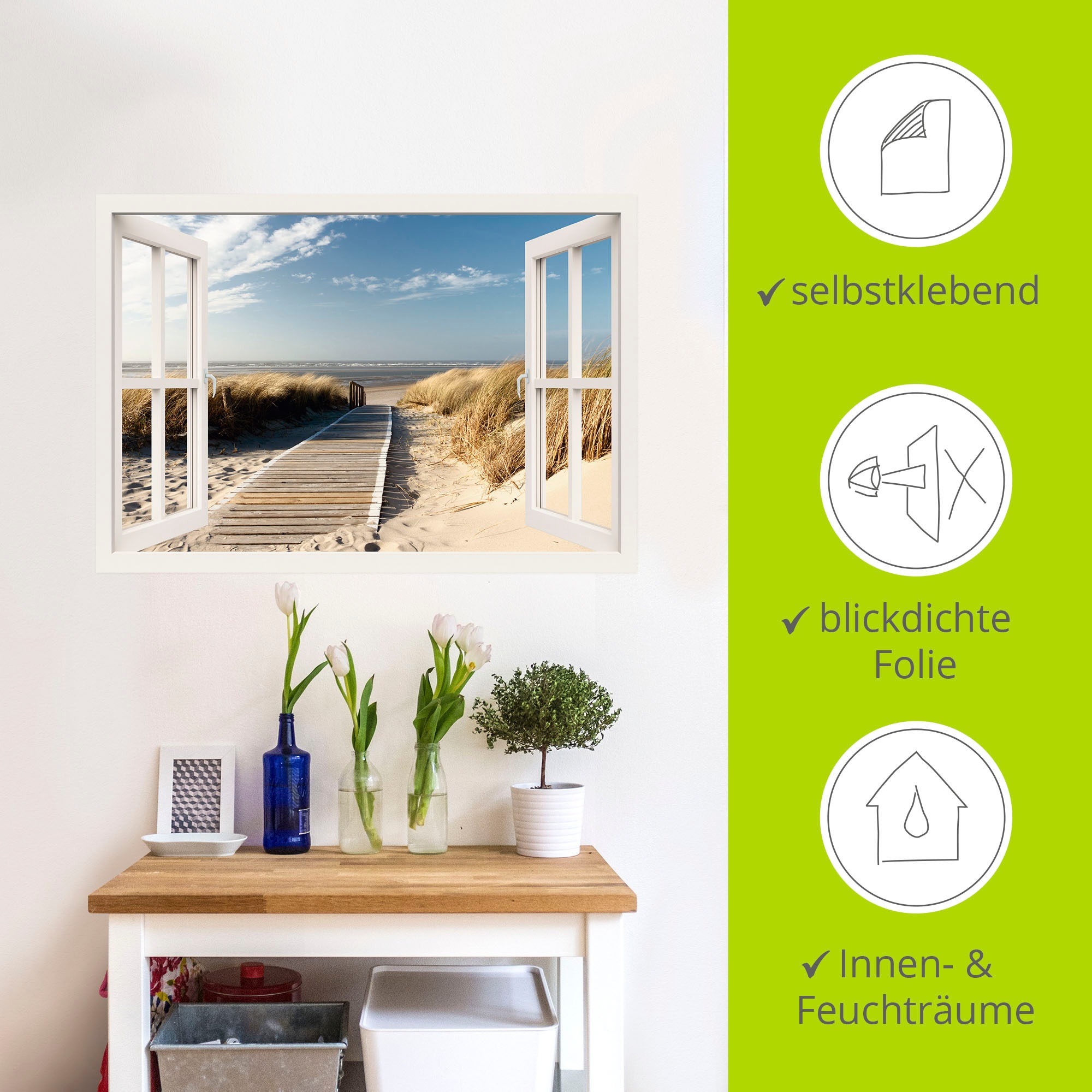 Artland Wandbild »Fensterblick Nordseestrand auf Langeoog«, Fensterblick, (1 St.), als Leinwandbild, Poster, Wandaufkleber in verschied. Grössen