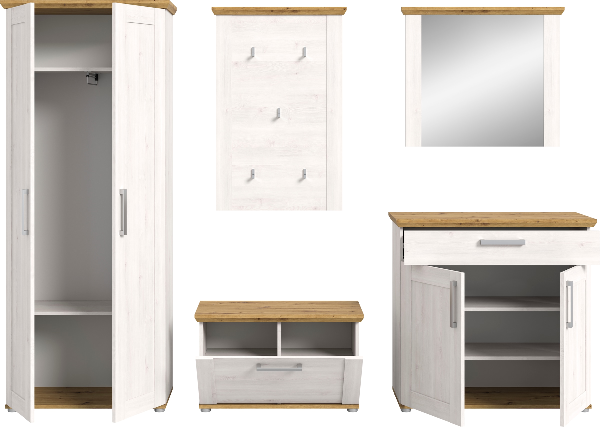 Home affaire Garderoben-Set »COSENZA, TOPSELLER!, Breite ca. 285 cm, 5-teilig, in Landhausoptik«, (5 St., Garderobenschrank, Sitzbank, Garderobenpaneel, Schuhschrank, Spiegel), Garderobenkombination, Kombination, Diele, Garderobe, Garderobenmöbel