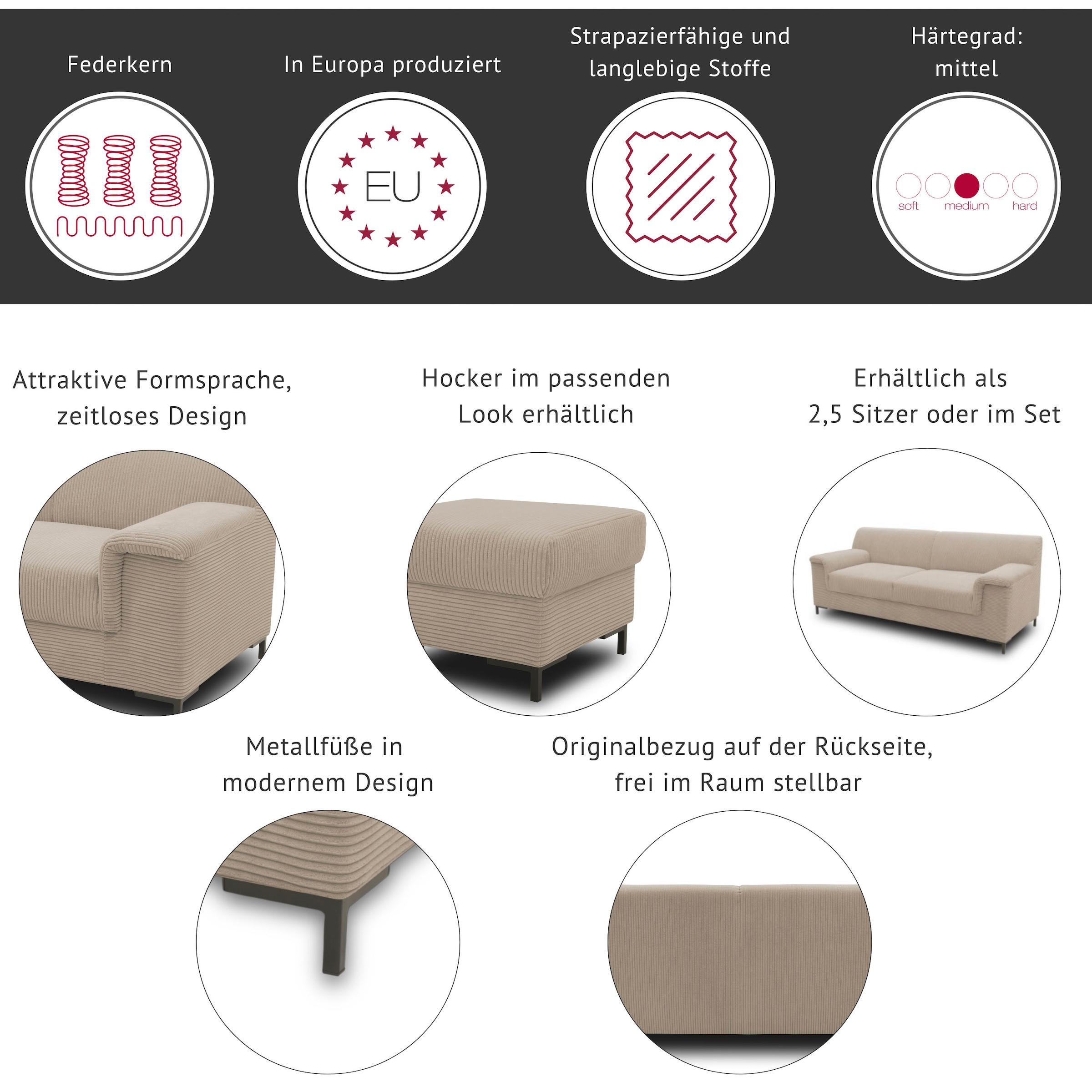 INOSIGN 2,5-Sitzer »Jamie zeitlos elegant, klares Design, komfortabel«