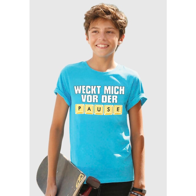 Trendige KIDSWORLD T-Shirt »WECK MICH VOR DER PAUSE«, Spruch ohne  Mindestbestellwert kaufen