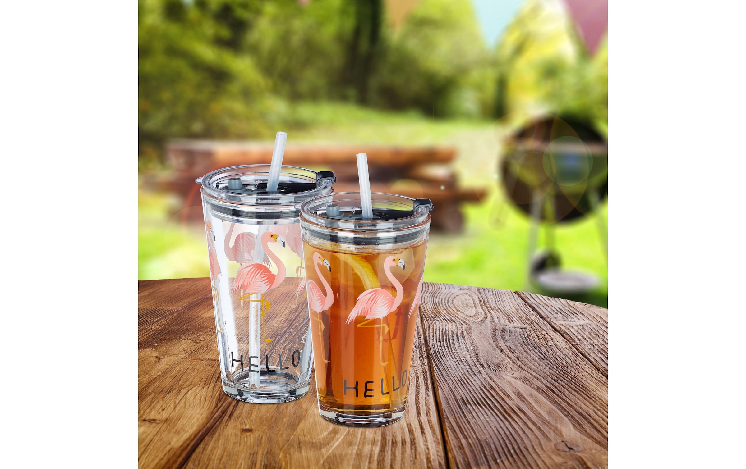 Set Da 4 Bicchieri Per In Vetro Con Cannuccia In Silicone E Tappo, 450ml, Motivo Fenicottero, Trasparente/rosa - Relaxdays
