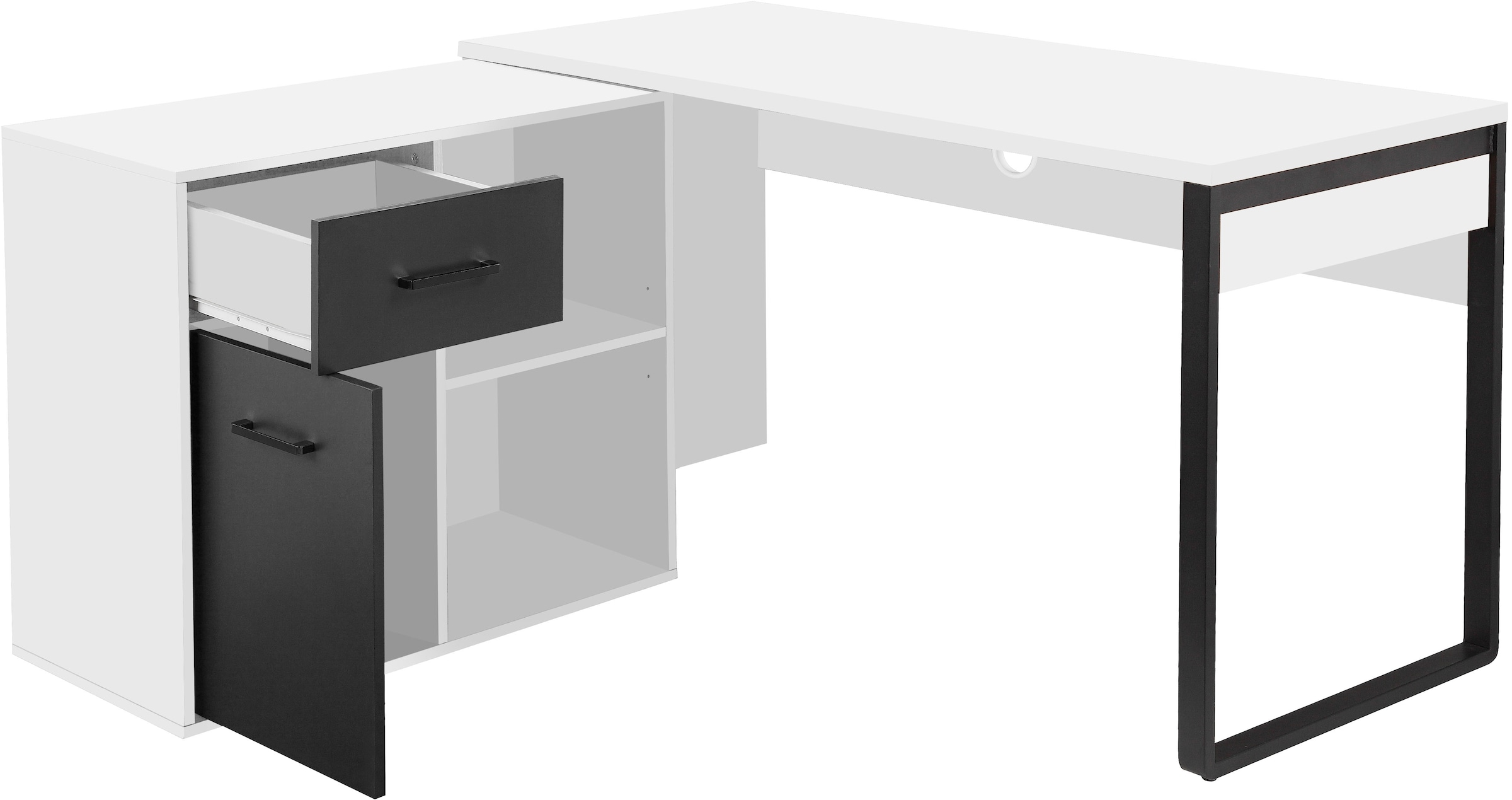 GOODproduct Eckschreibtisch »Moid, Computertisch, Kabeldurchlass, mit Regalfächern,« Schublade und Tür, flexibles Regalelement, 140x82-115 cm