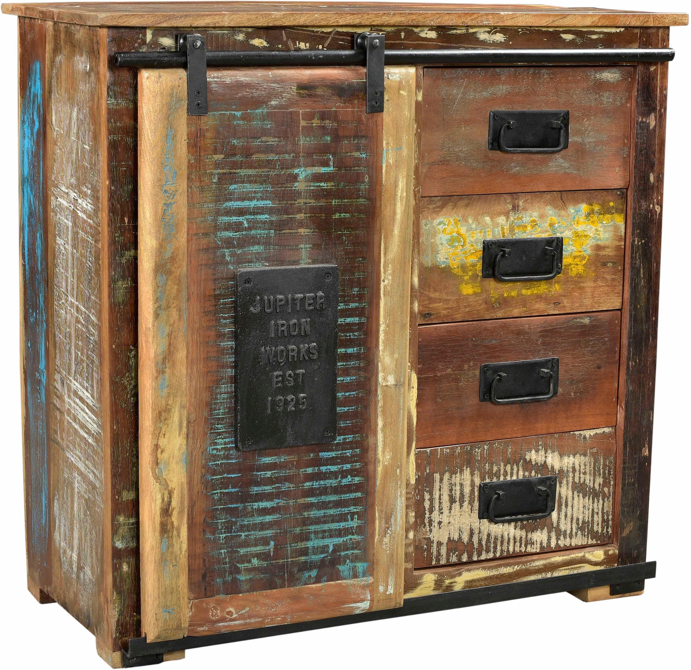 Image of SIT Kommode "Bukhara Vintage Brotschrank Altholz mit Schiebetür & 4 Schubladen" Buntes Altholz macht jedes Möbelstück zu einem Unikat