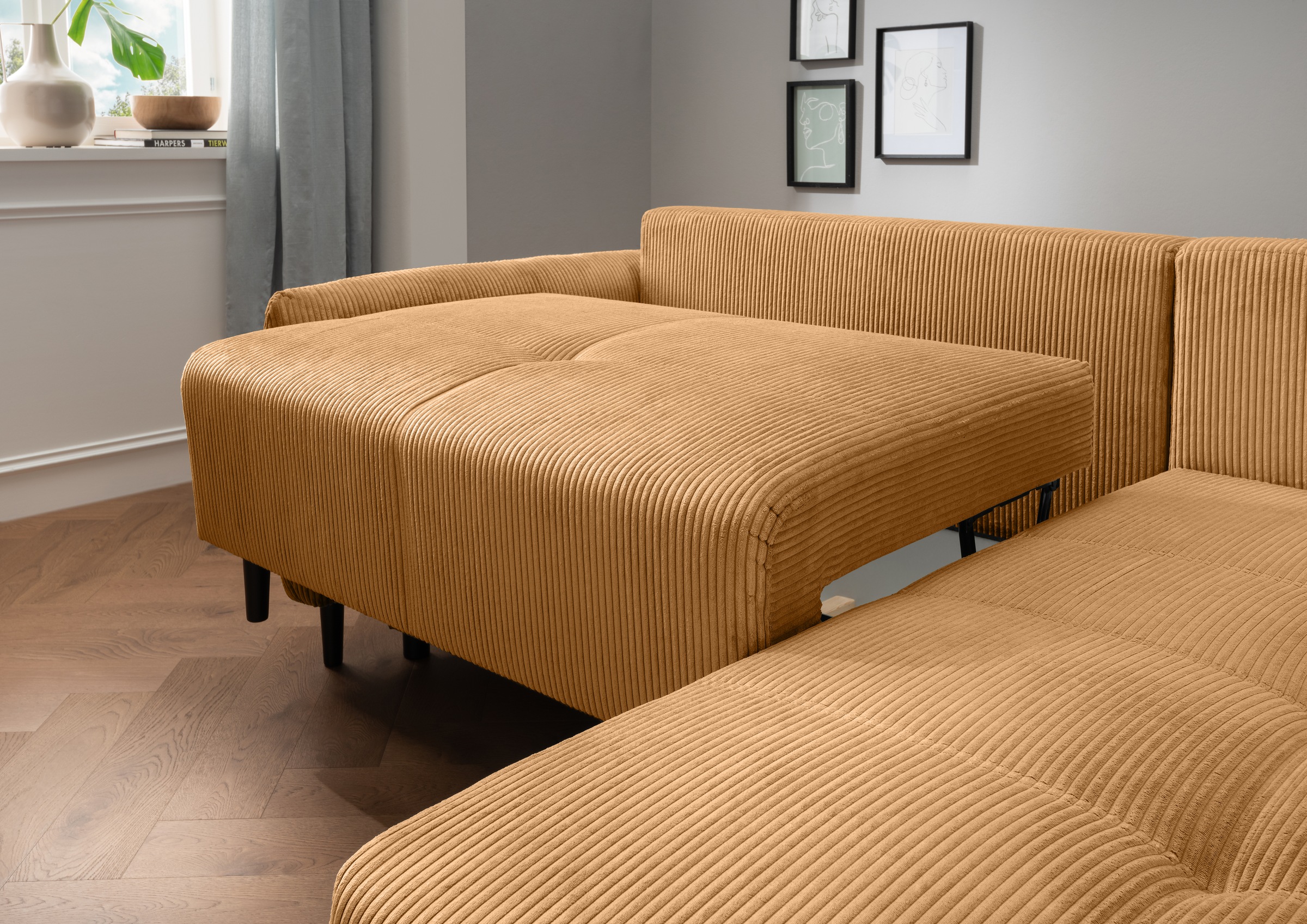INOSIGN Ecksofa »Mara, L-Form, aktueller Cord Bezug und tolle Farben, schmale Armlehnen«, whlw. mit Bettfunktion,Recamiere links/rechts montierbar, Breite 238cm