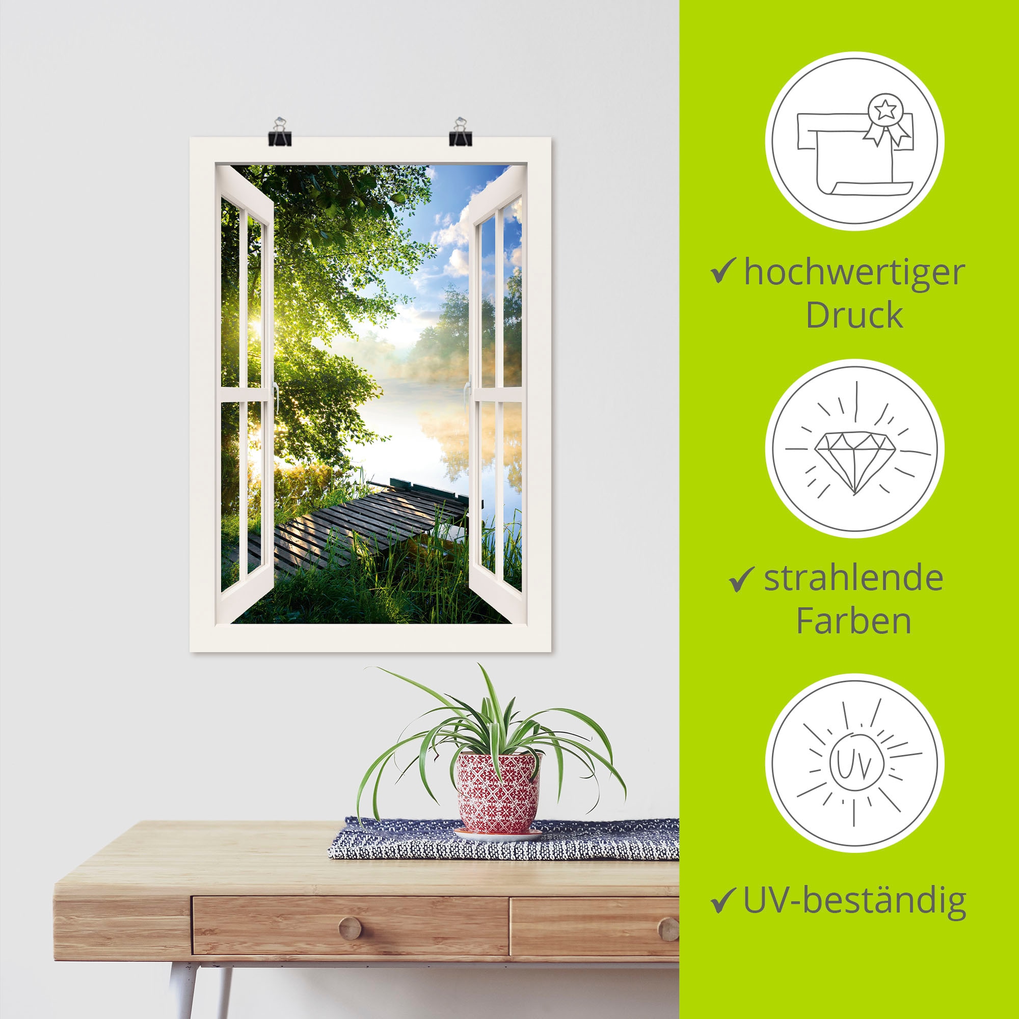 Artland Wandbild »Fensterblick Angelsteg am Fluss« Fensterblick 1 Stk. tlg. als Alubild, Outdoorbild, Leinwandbild, Poster, Wandaufkleber
