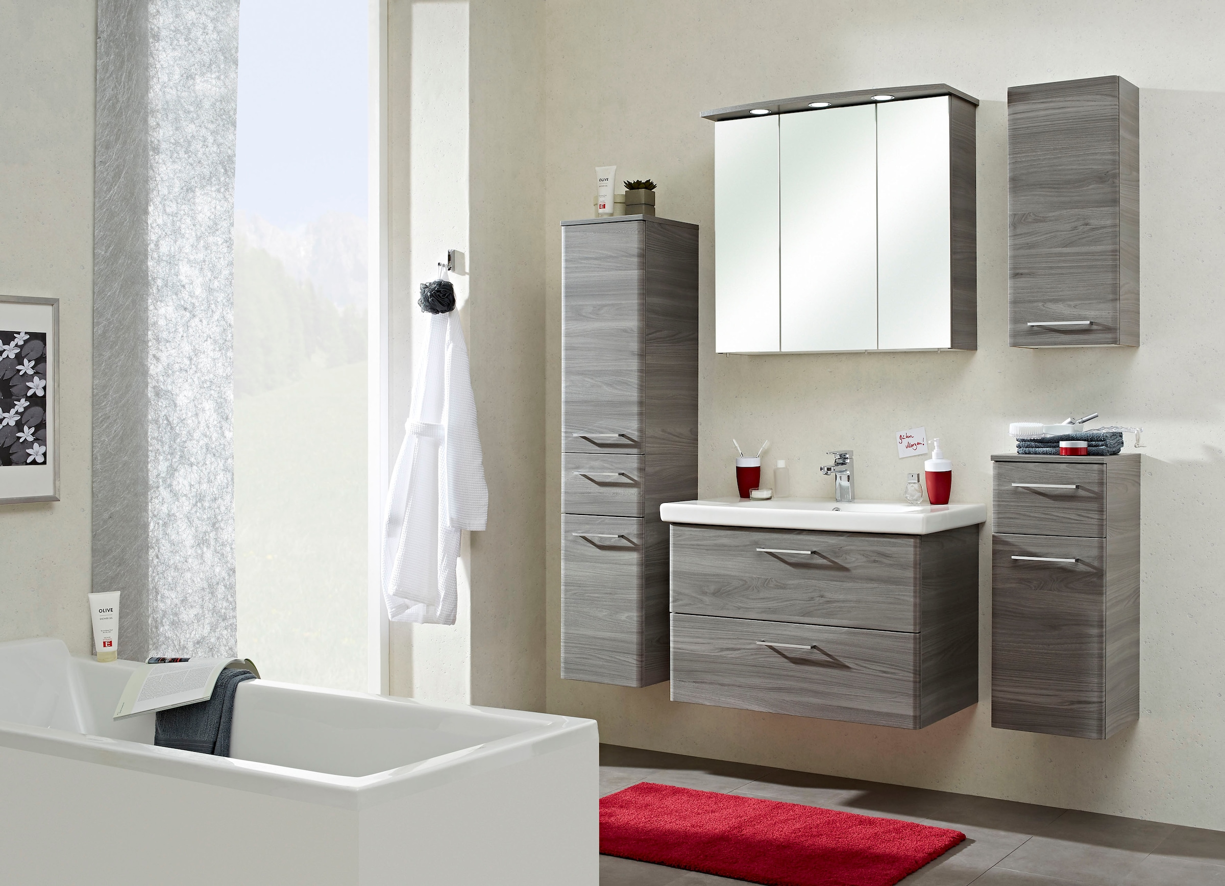 Saphir Armoire suspendue »Quickset 916 Wand-Badschrank 30 cm breit mit 1 Tür, 2 Einlegeböden« Armoire suspendue de salle de bain Sangallo gris imitation horizontale