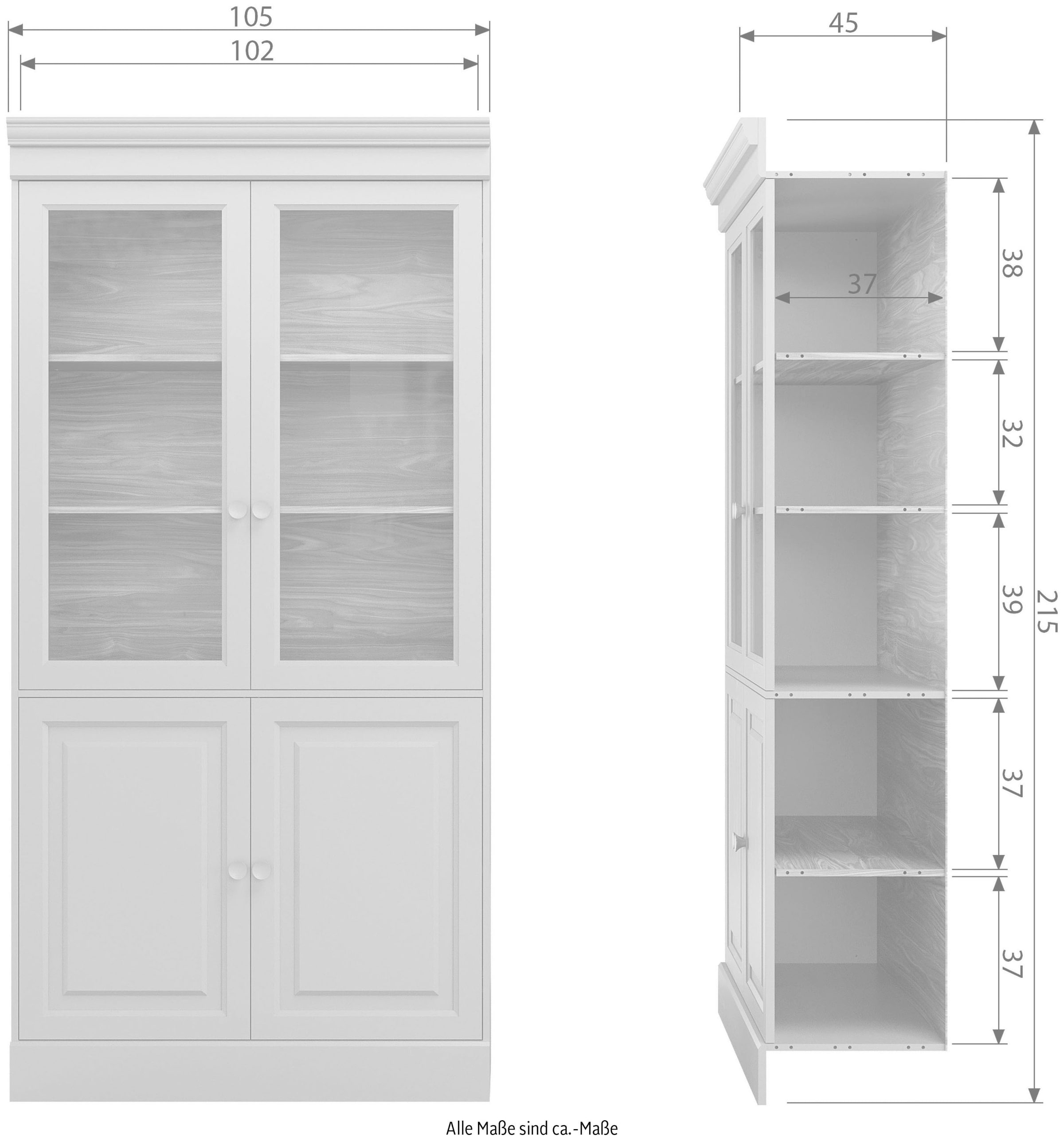 WOOOD Vitrine »Chow Kiefernholz mit Glastüren und Sierleisten H 215 x B 105 x T 40 cm« Elegante Details, Einfach zu montierbar, Pfleigleicht
