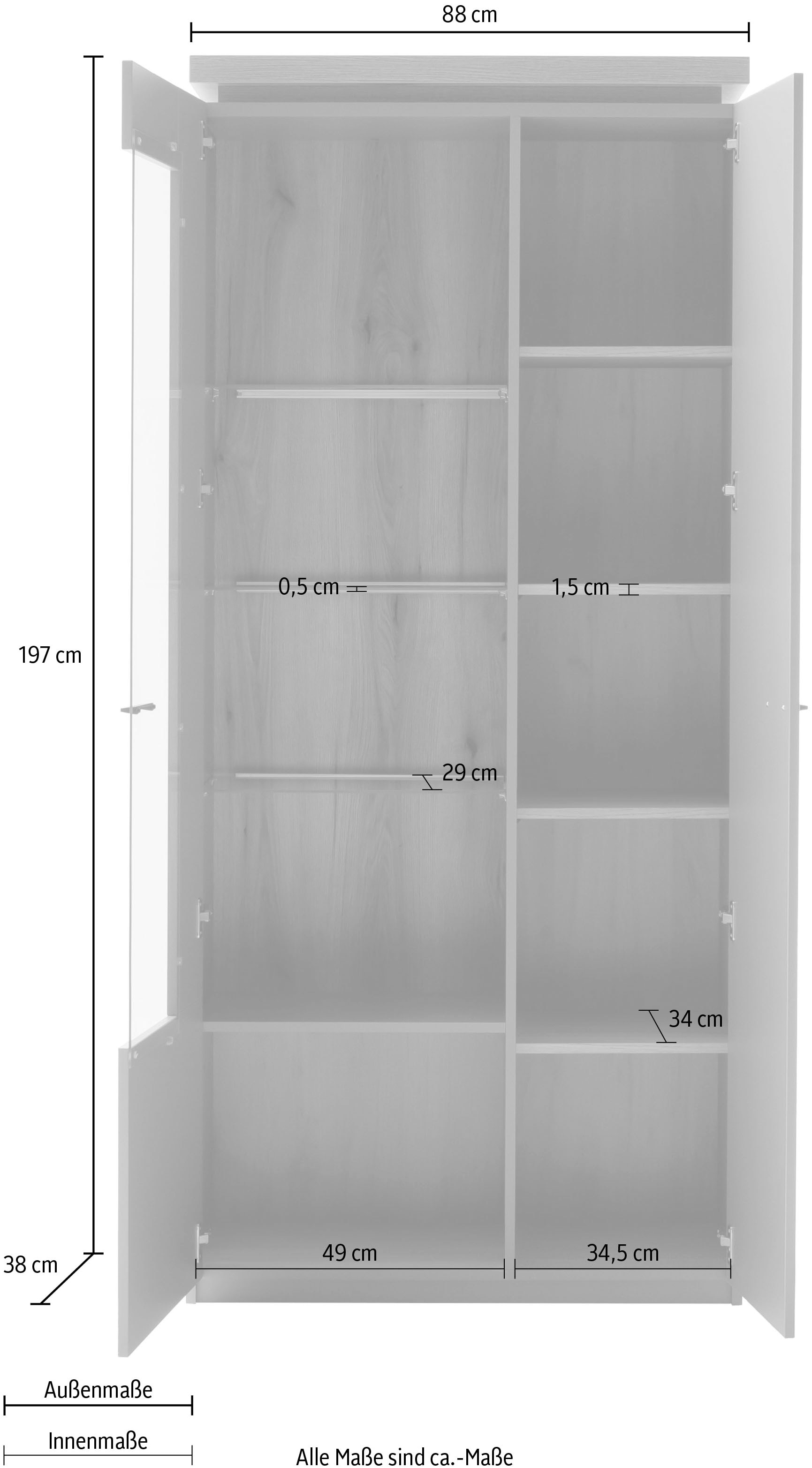 MCA furniture Vitrine »Moniz Kombi-Vitrine« 1 Stk. tlg. Standvitrine,Glasvitrine,Metallgriffe,1 Tür, 3 Glasböden, Höhe 197 cm