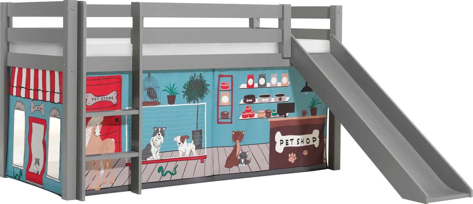 Vipack Spielbett »Pino, Kiefer massiv, mit Rolllattenrost u. Textil-Set, Made in Europe« B/H/T ca. 210x114x218cm, mit Absturzschutz, Leiter und Rutsche,  verschiedene Textil-Designs und Holzfarben zur Wahl
