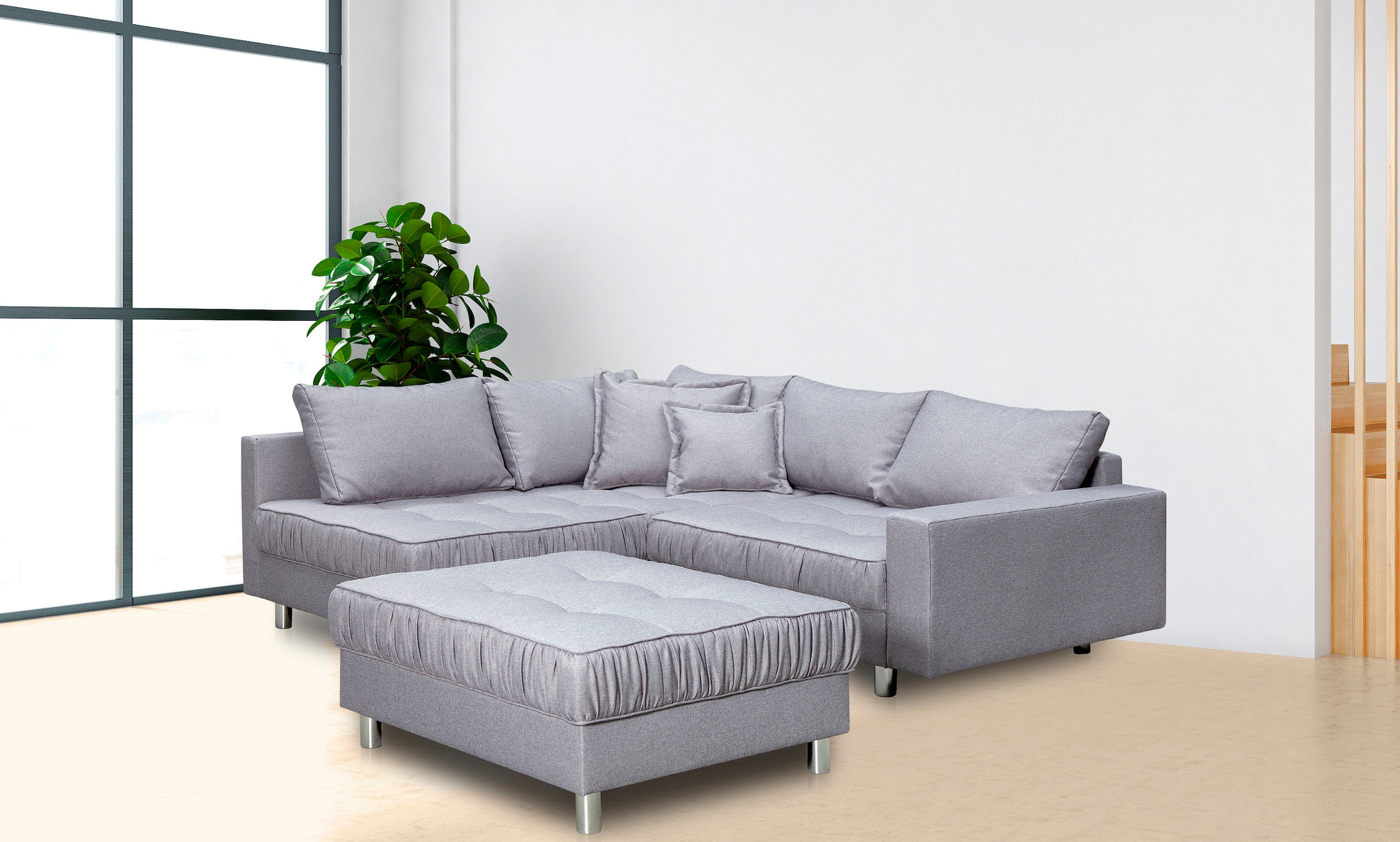 Image of COLLECTION AB Ecksofa "Cannes L-Form, B: 215 cm" Set: Sofa & Hocker, 2 Zierkissen, Federkern