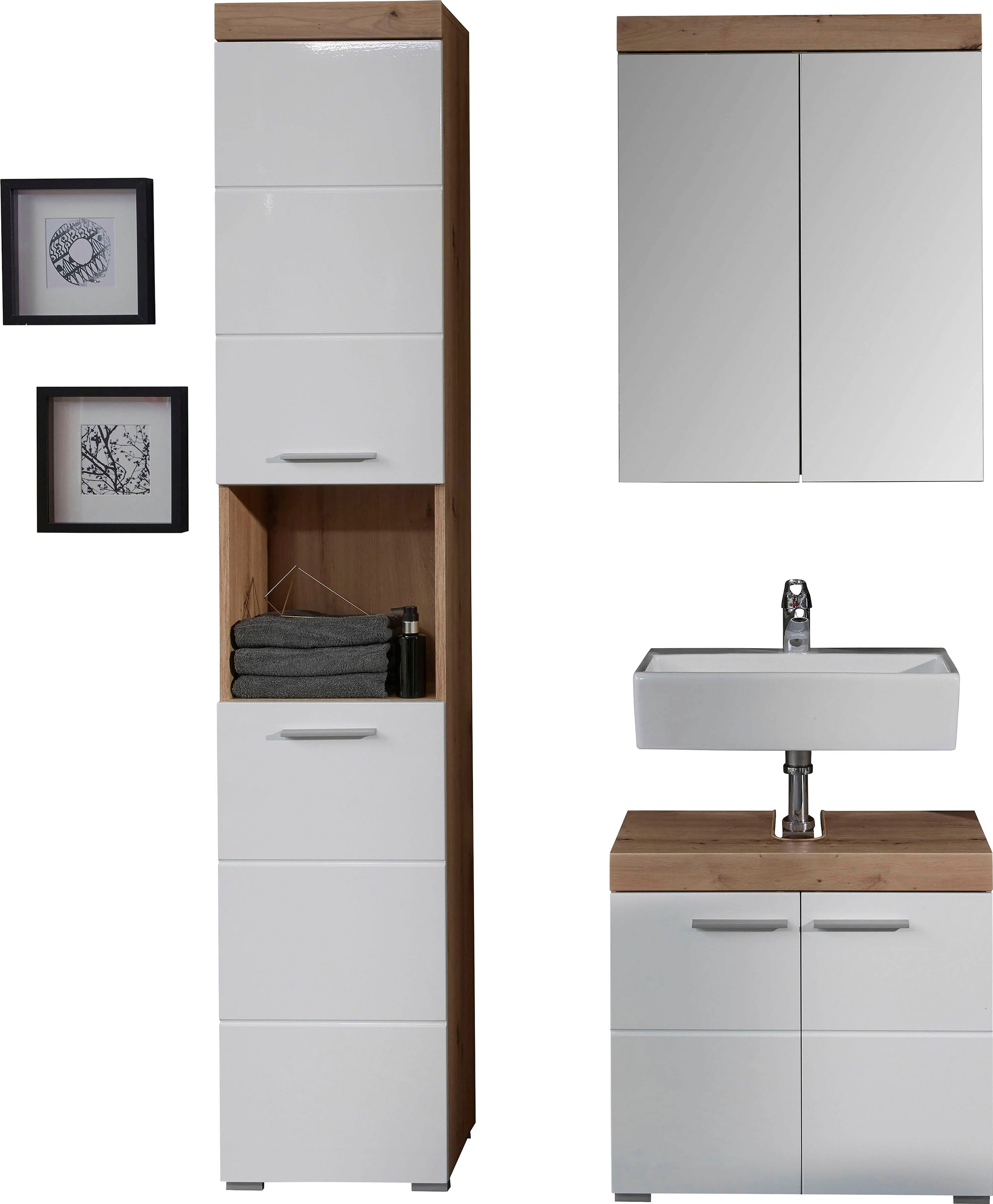 Image of trendteam Badmöbel-Set »Amanda«, (Set, 3 St.), mit Spiegelschrank, Hochschrank und Waschbeckenunterschrank, Zwischenböden hinter den Türen, MDF-Fronten in Hochglanz- oder Holzoptik bei Ackermann Versand Schweiz