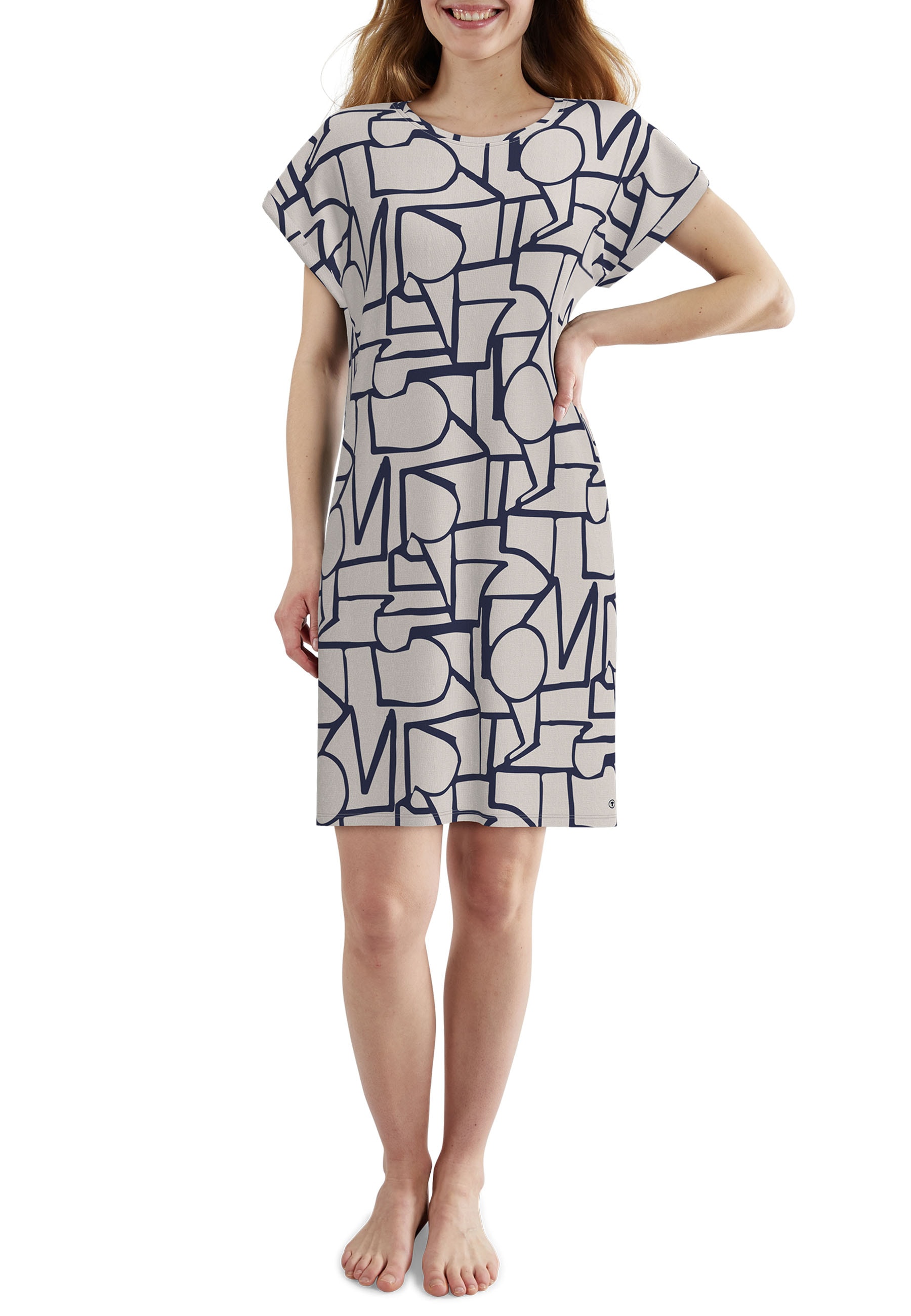 TOM TAILOR Chemise de nuit knielang, mit Muster, Kurzarm, Rundhalsausschnitt, Viskosemix