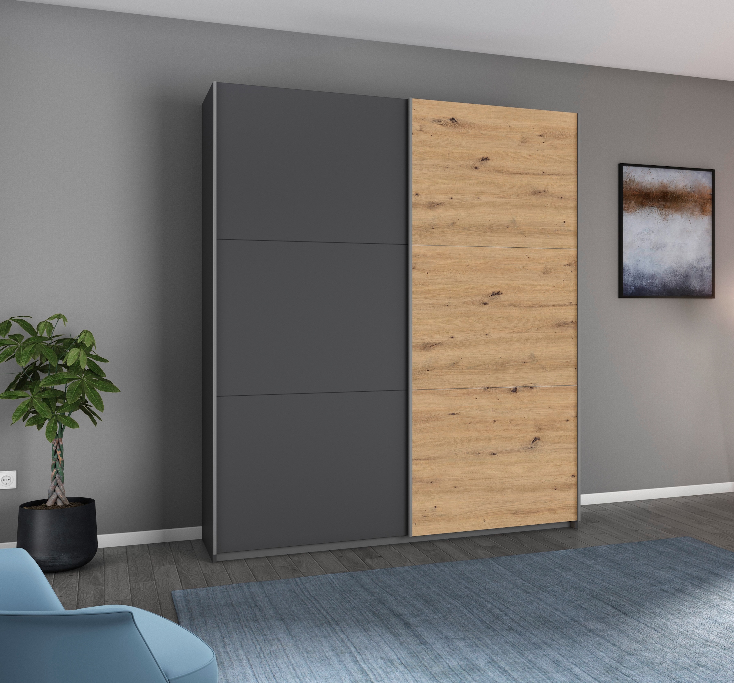 rauch Schwebetürenschrank "AURELIO Kleiderschrank Garderobe" 3 Ausstattungen BASIC/CLASSIC/PREMIUM (inkl. SOFT-CLOSE-FUNKTION), 3 verschiedene Ausstattungsvarianten Griffe aus Metall MADE IN GERMANY