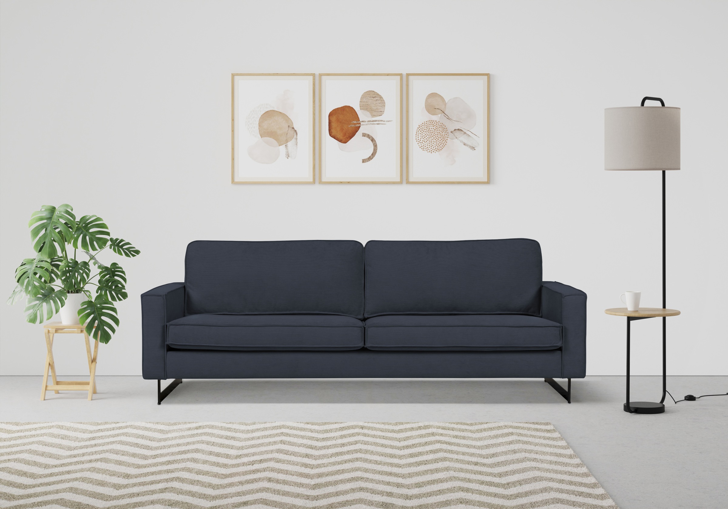 Places of Style 3-Sitzer »Maxi-Ausführung Pinto, 236 cm, Cord, Chenille, Lederoptik«, mit Keder, schwarze Metallfüsse, Wellenunterfederung