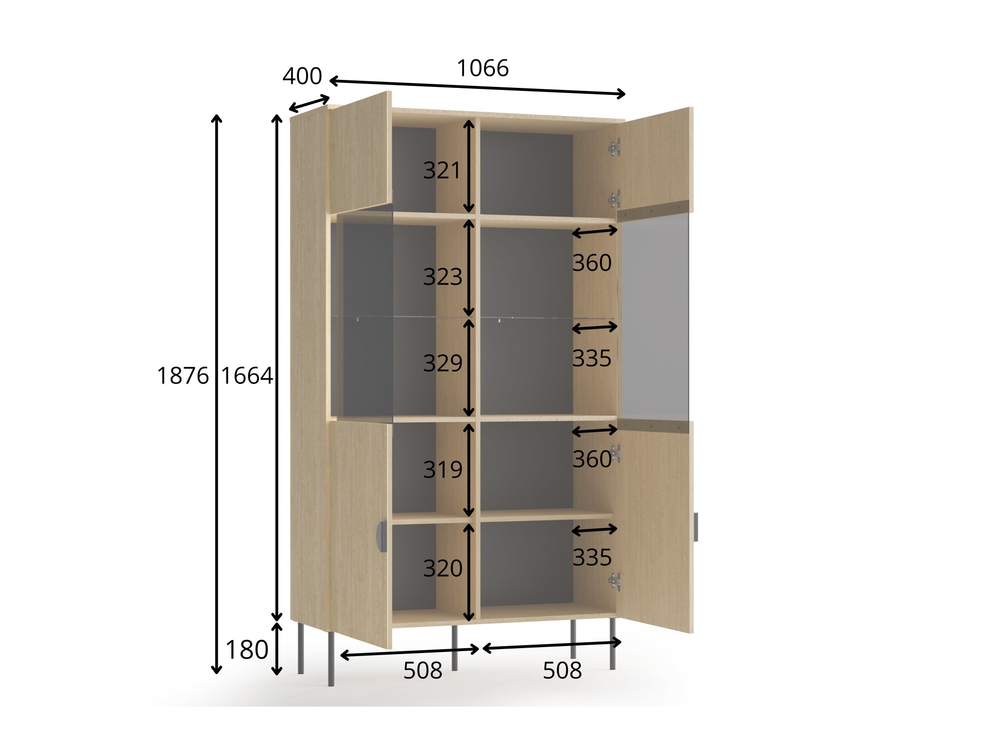 Home affaire Vitrine »BELLOT Vitrineschrank mit 2 Türen, verglast, mit viel Stauraum« Standvitrine/Glasvitrine, matt Hochschrank, Masse B/T/H: 106/40/187 cm