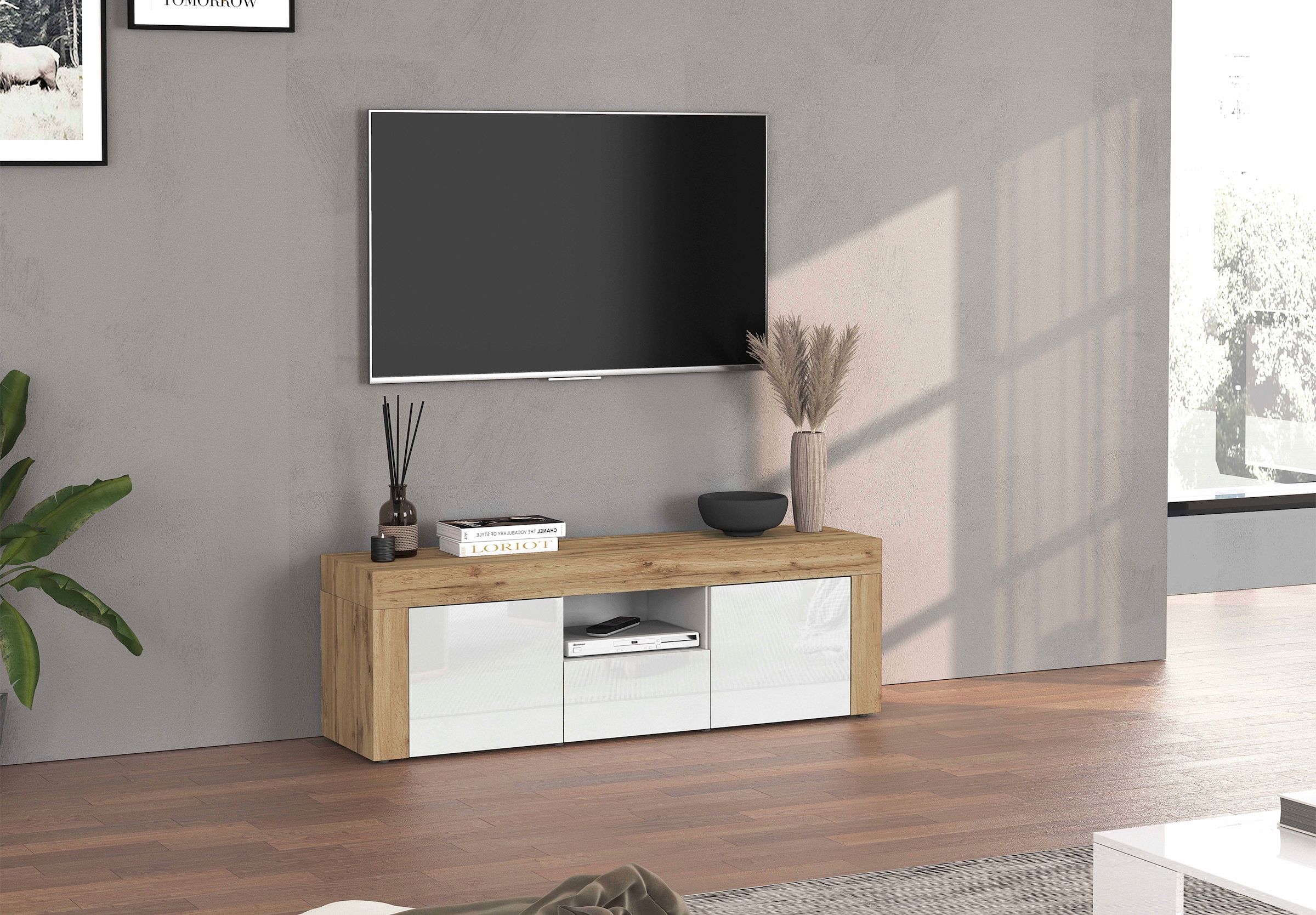 GOODproduct Lowboard »CHRONOS Breite 155 cm mit 2 Türen, 1 Schublade,1 offenes Fach« 1 Stk. tlg. TV-Board, Sideboard niedrig, Grifflos mit Push to Open 'Made in Italy'