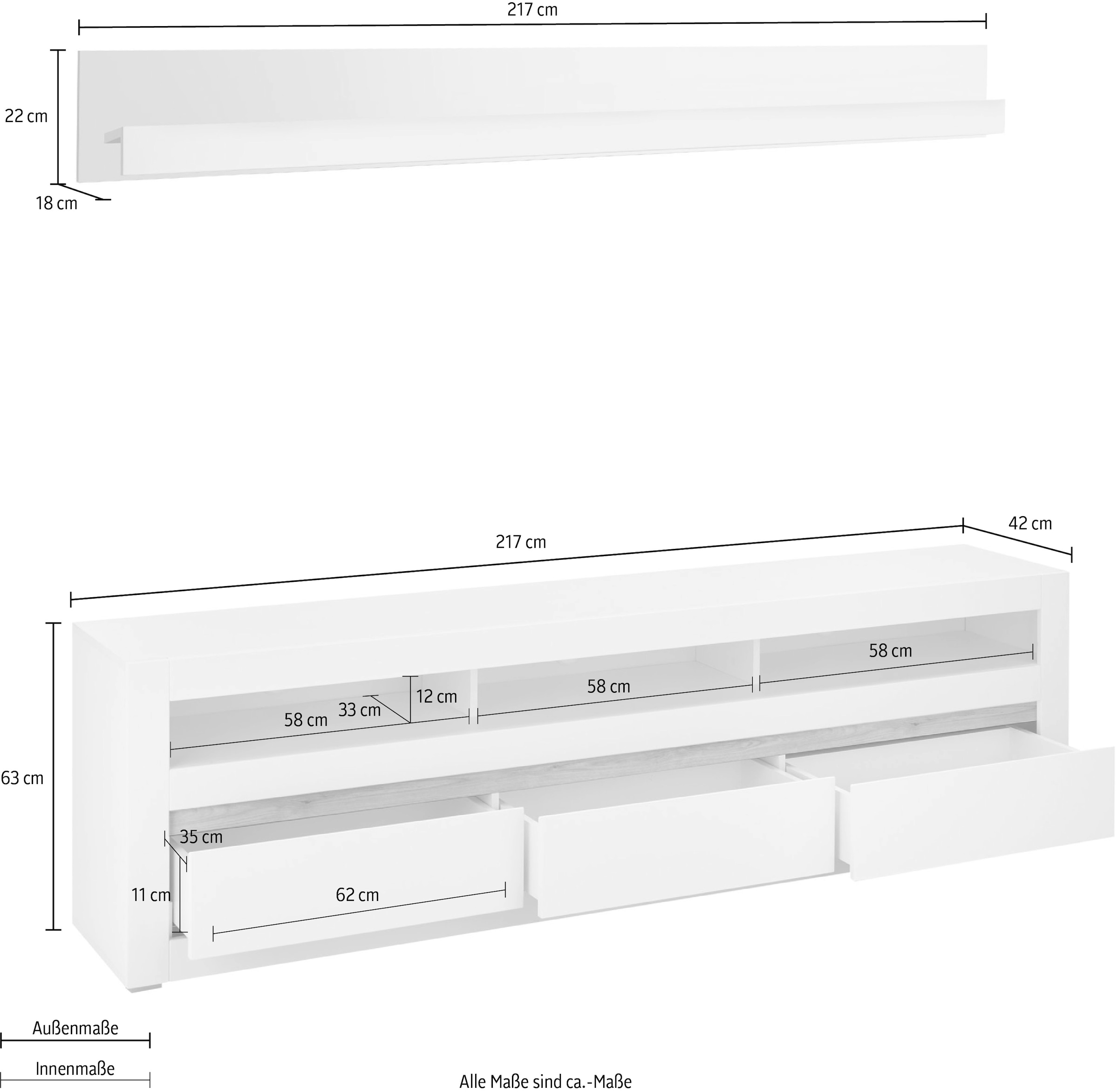INOSIGN Wohnwand »Anbauwand in Weiss Matt, Wohnzimmer-Set mit austauschbarer Blende«, (Set, 2 St.), enhält Lowboard, Wandboard, zeitloses Design, 217 cm breit