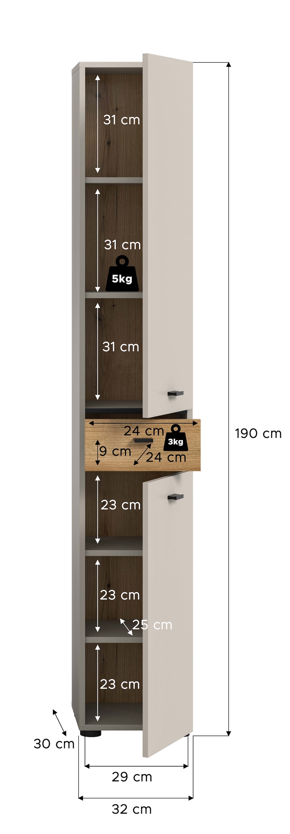 welltime Hochschrank »VANN, Höhe 191cm, 2 Türen, 1 Schubkasten, Türanschlag wechselbar« individuell mit weiteren Artikel der Serie VANN kombinierbar,  Universalschrank, Mehrzweckschrank, Schrank, Badschrank, Badezimmer