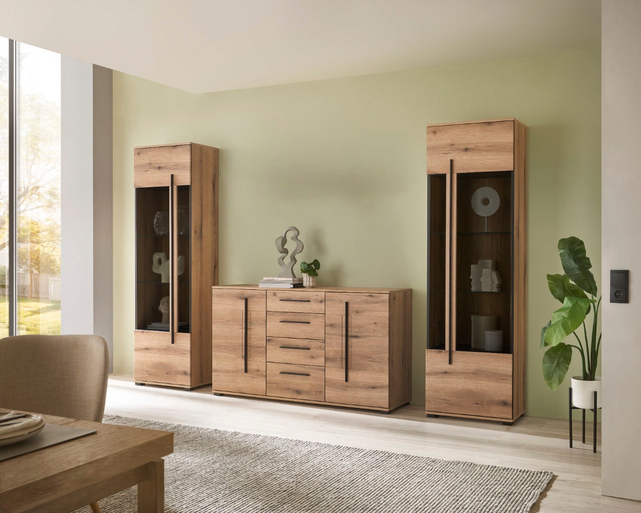 INOSIGN Wohnwand »Cantara, moderne Anbauwand, Wohnzimmer-Set, in Eiche Evoke oder Weiss«, (Set), enthält zwei Vitrinen und ein Sideboard