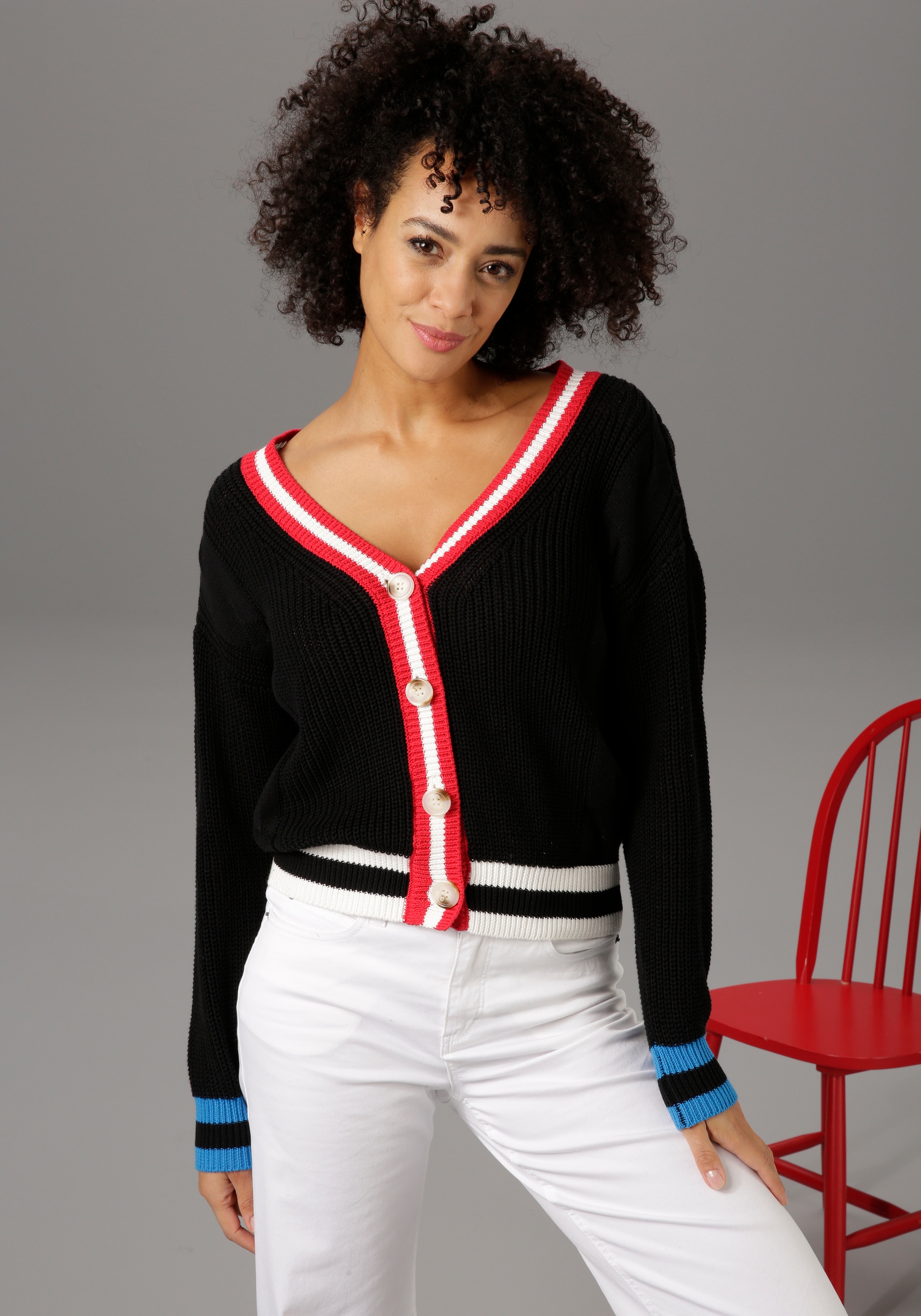 Image of Aniston CASUAL Strickjacke, mit bunt gestreiften Bündchen bei Ackermann Versand Schweiz