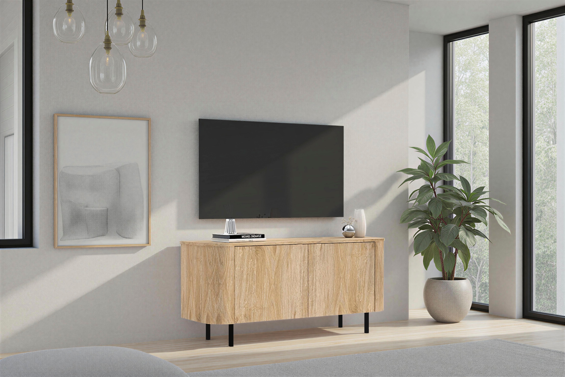 Home affaire Lowboard »Murano, 131 cm breit, 2 Türen, TV-Schrank, TV-Kommode, Medienboard« Formgebogenes MDF, Stirnseiten mit Rundung, Füsse und Griffe aus Metall