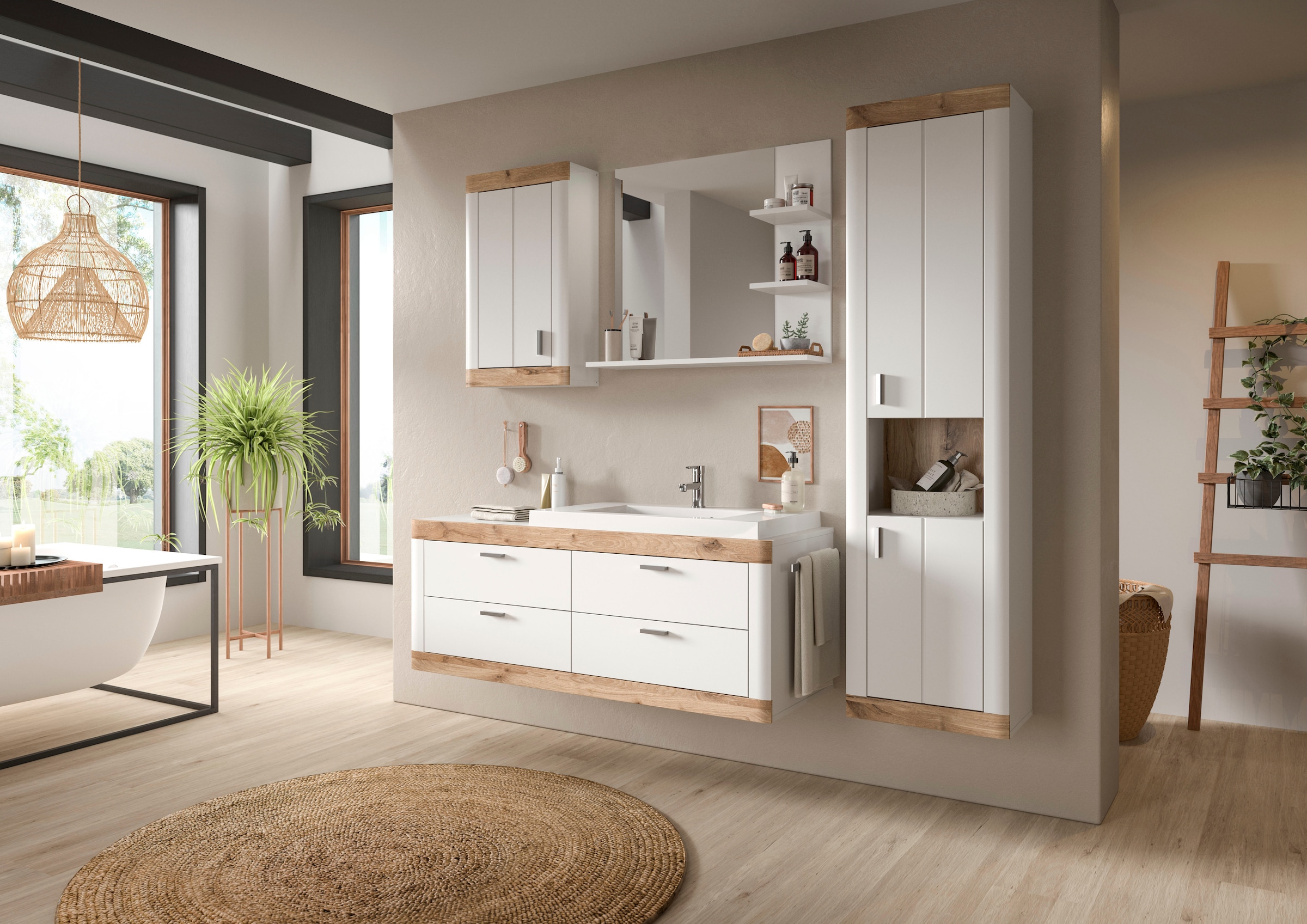 Home affaire Badmöbel-Set »Landsby, 3 teilig, inklusive Mineralguss-Waschbecken, bestehend aus:«, (Set, 3 St.), Waschtisch inkl. Waschbecken, Hängeschrank, Badspiegel