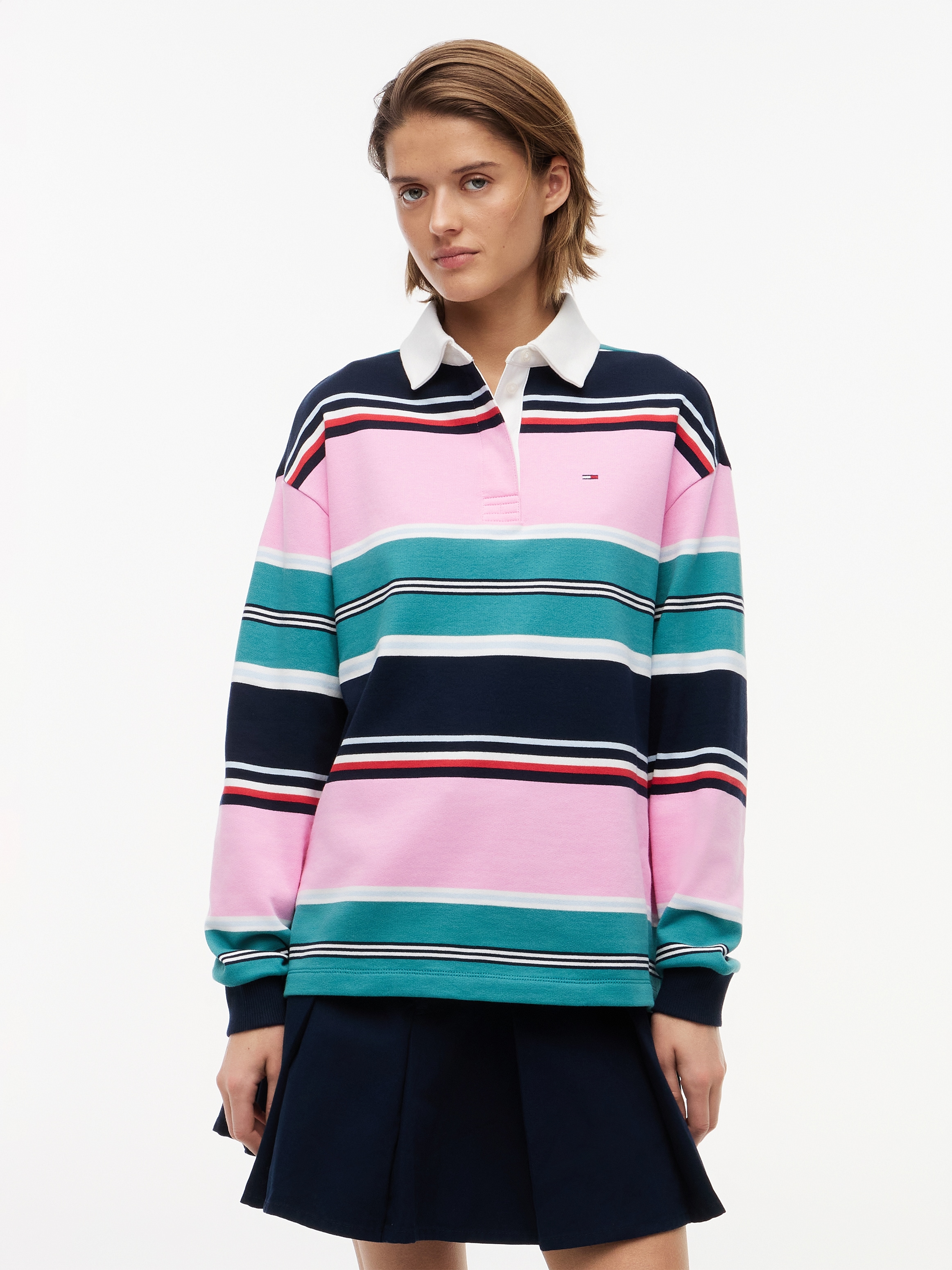 Image of Tommy Jeans Sweatshirt "TJW RLX MULTI STRIPE RUGBY EXT", Baumwolle, relaxed fit, Polokragen