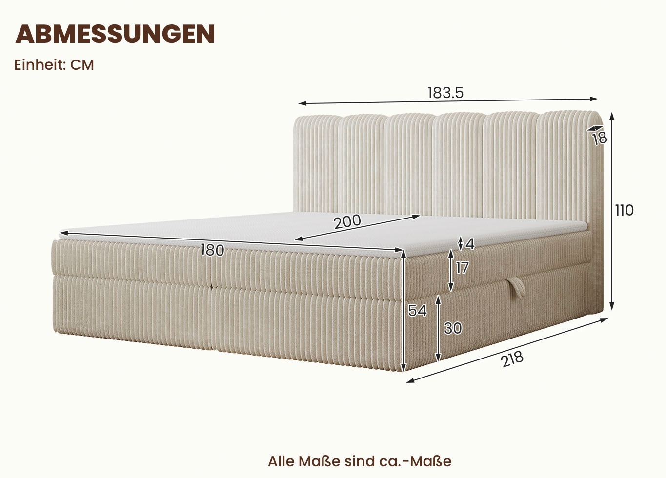 GOODproduct Lit de boxe »SIVVA in der Breite 180cm, flauschiger Breitcord, Farbe: cream« Incl. matelas à ressorts ensachés (H3) & surmatelas (4 cm)