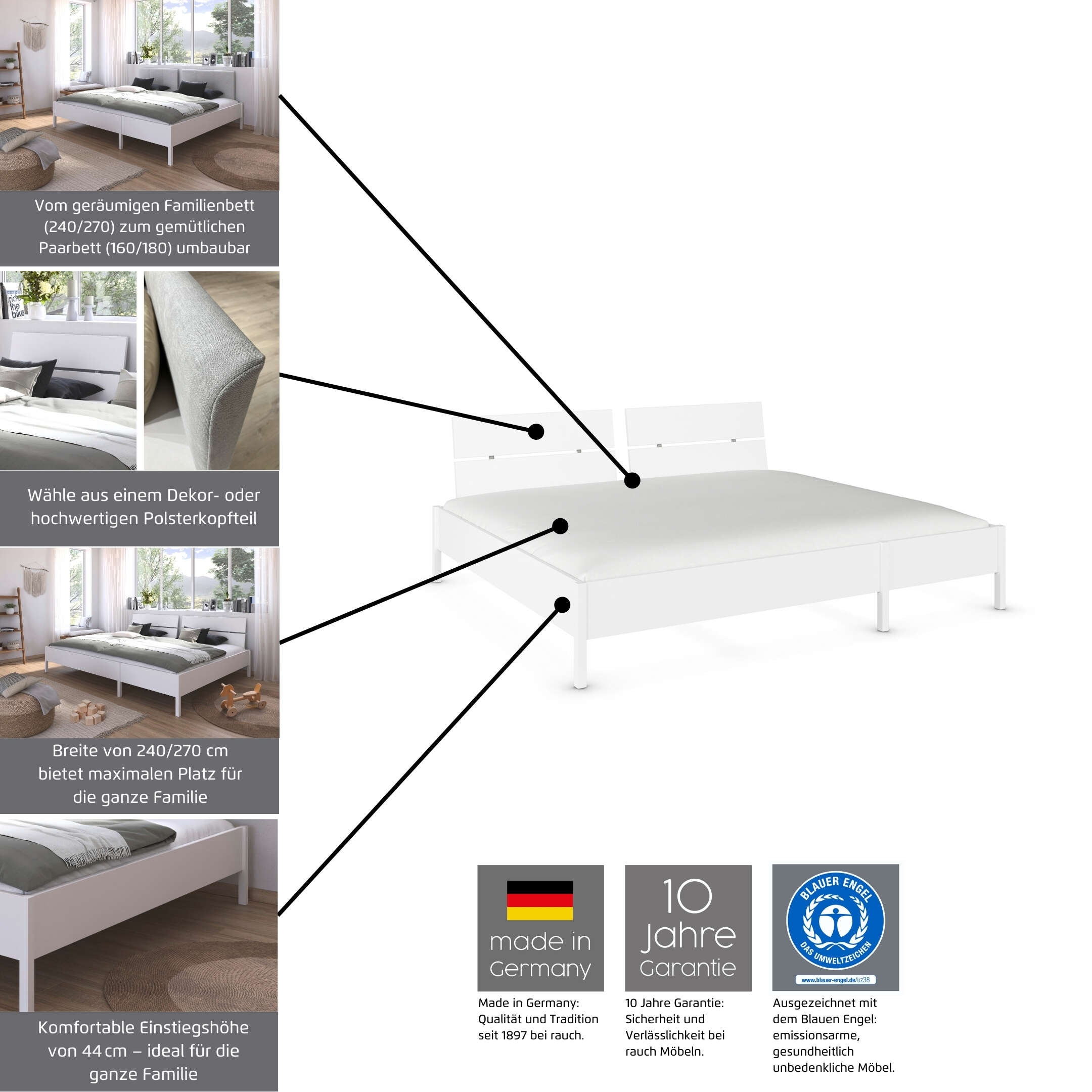 rauch Bett »Familienbett XXL Familiengrösse Ehebett Doppelbett umbaubar« flexible Umbaumöglichkeit in Einzelbetten,  240x200 cm und 270x200 cm - mit oder ohne Kopfteil MADE IN GERMANY