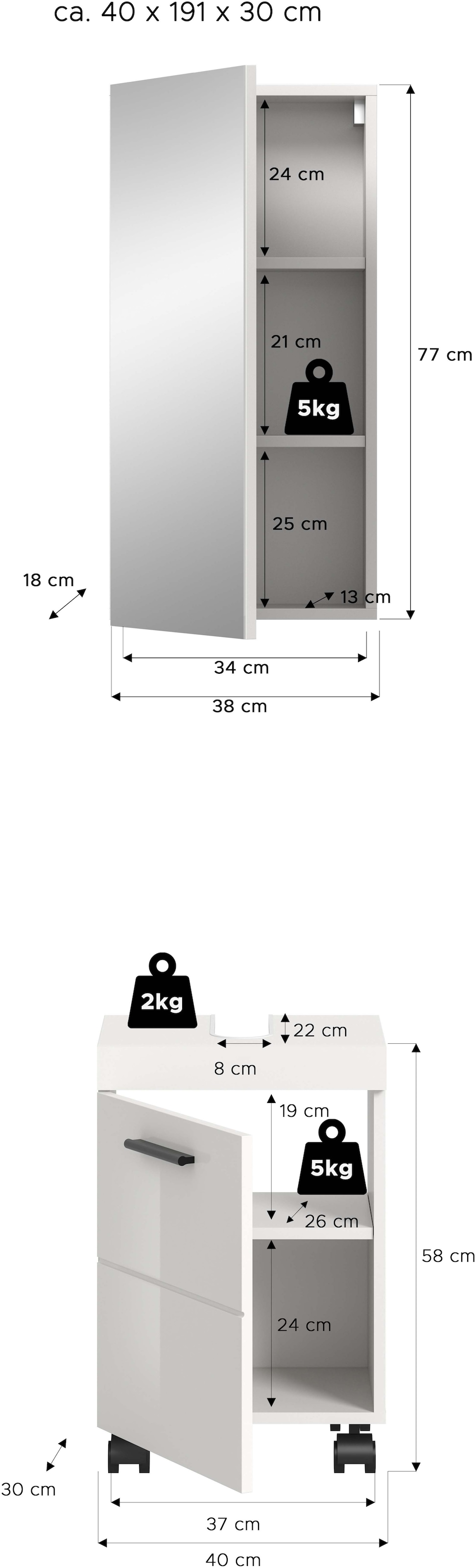 welltime Badmöbel-Set »AVON, Breite 40 cm, 2-teilige moderne Badkombination, auf Rollen« bestehend aus: Waschbeckenunterschrank & Spiegelschrank, 2 Stk. tlg.