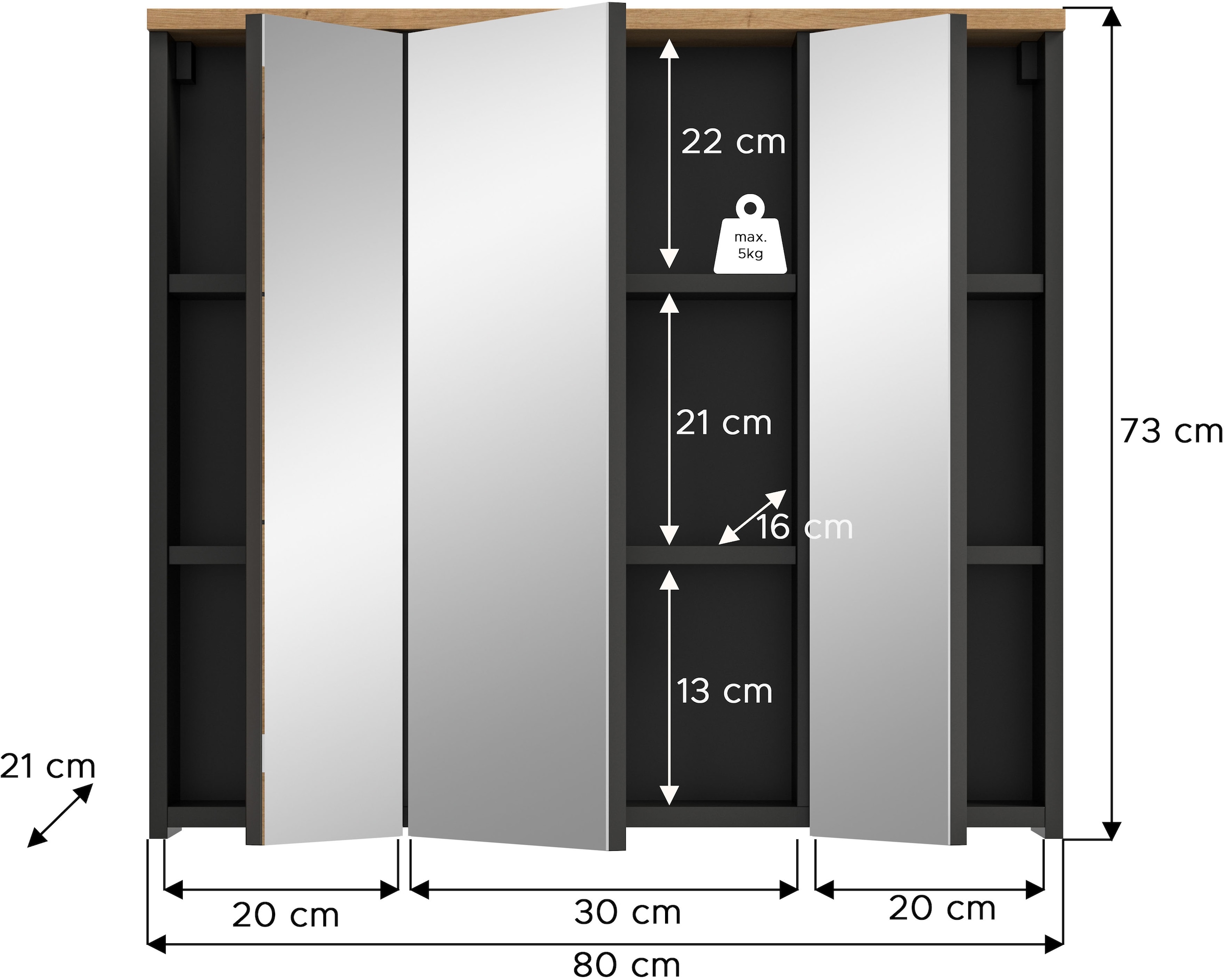 INOSIGN Spiegelschrank »REHAT, Breite 80 cm, 3 Spiegeltüren, 6 Einlegeböden« Türanschlag der mittleren Tür wechselbar, Grifflose Spiegelfront